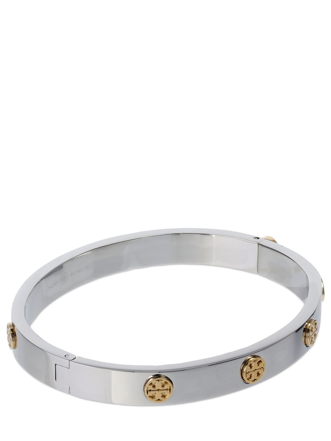 Shop Tory Burch Miller Stud Bicolor Hinge Bracelet In Silver,gold
