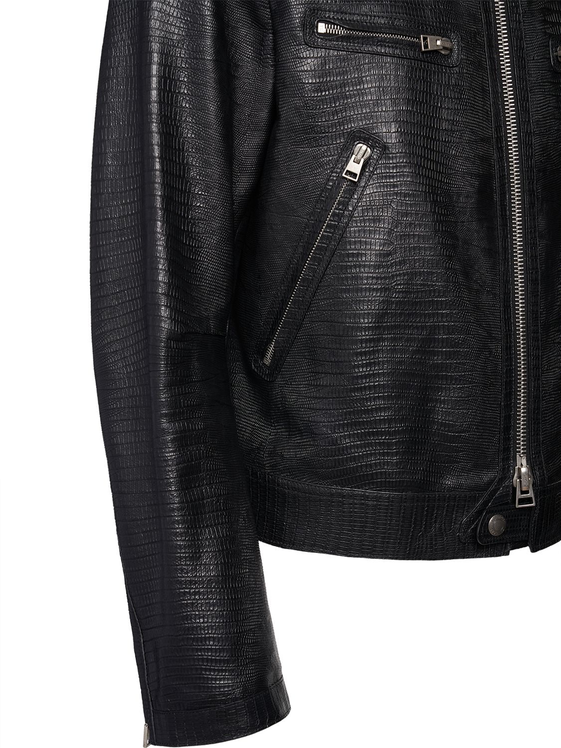 Shop Tom Ford Lizard Embossed Leather Biker Jacket In Black
