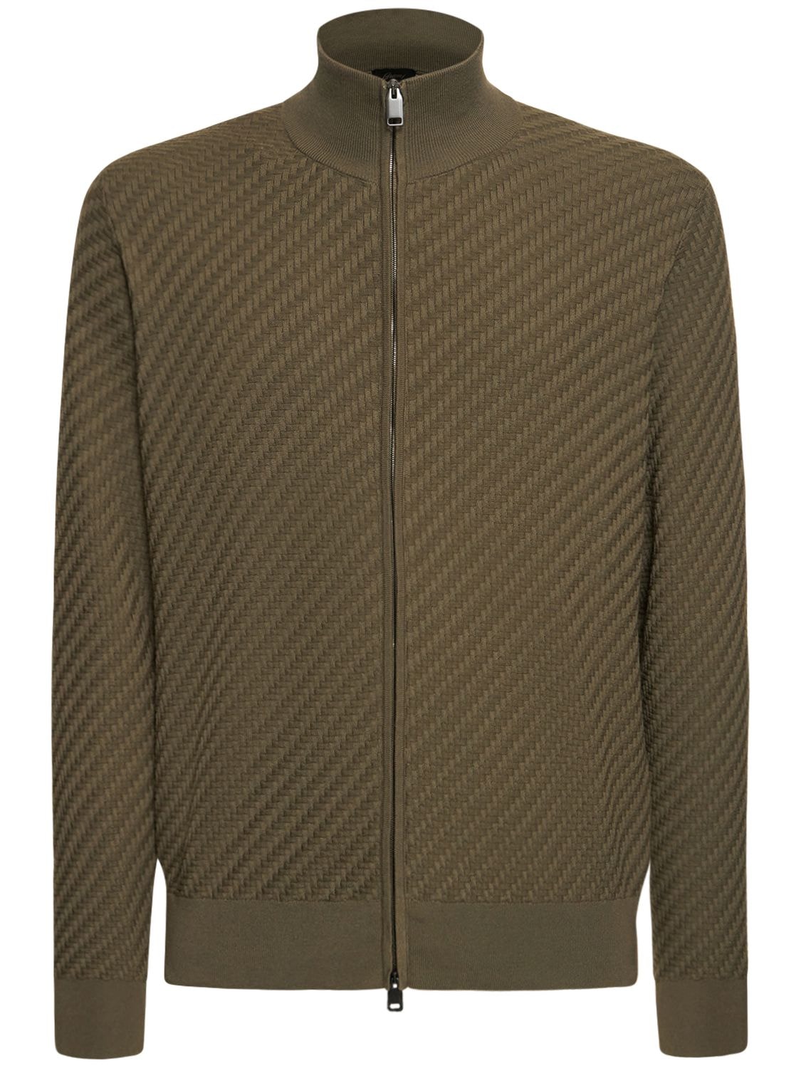 Brioni Cotton Blend Knit Cardigan W/ Zip In Khaki