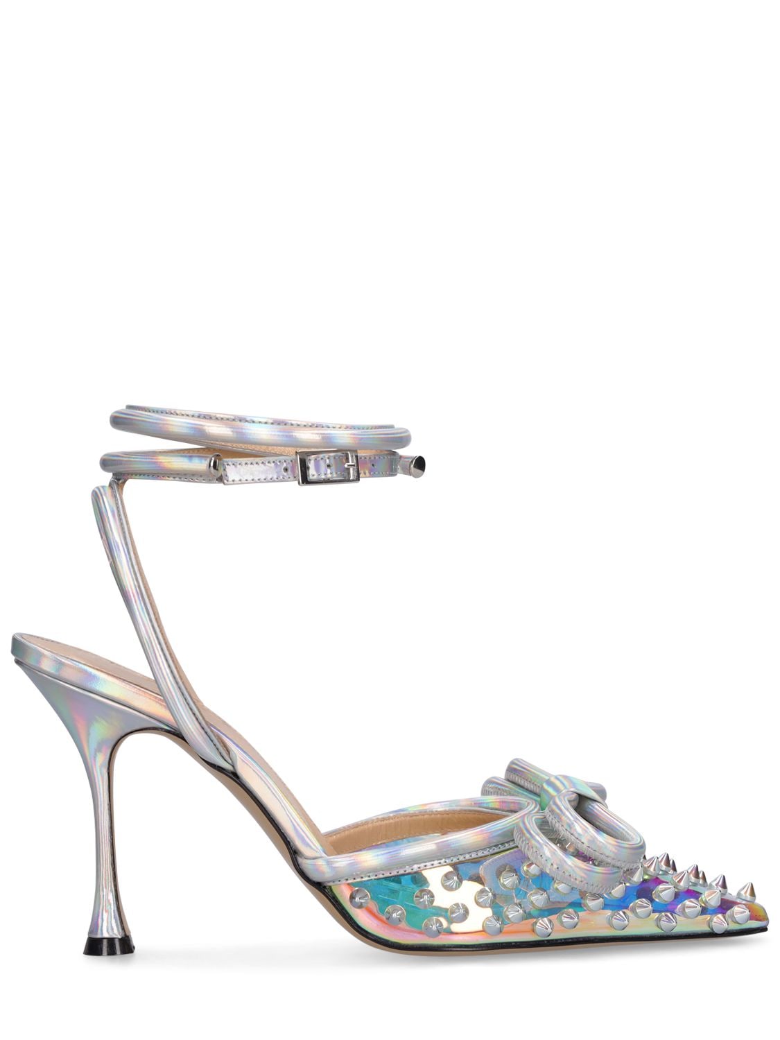 Mach & Mach Double Bow Crystal-embellished Leather And Pvc Heeled Sandals In Silver