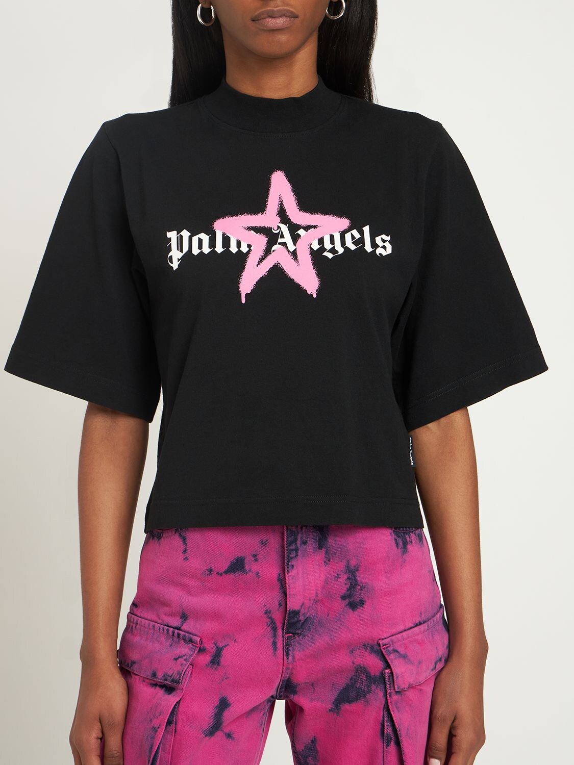 Palm Angels Women's Star Sprayed Cropped T-Shirt Black/Pink/White