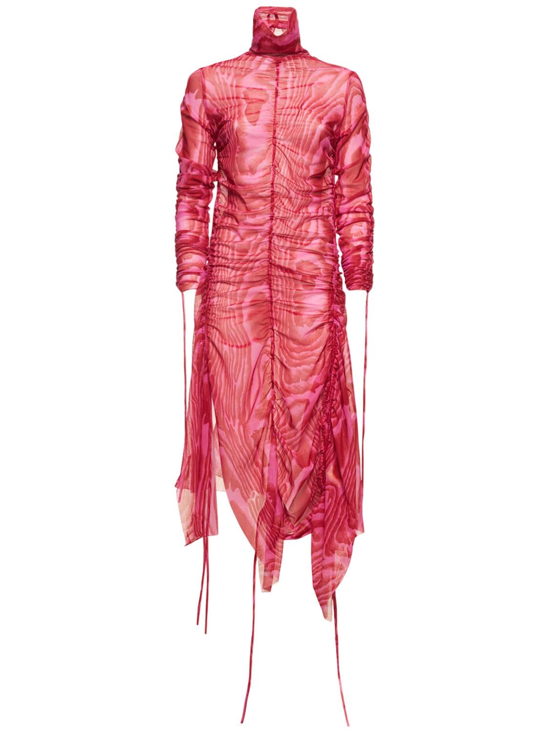 Draped Printed Mesh Midi Dress – WOMEN > CLOTHING > DRESSES