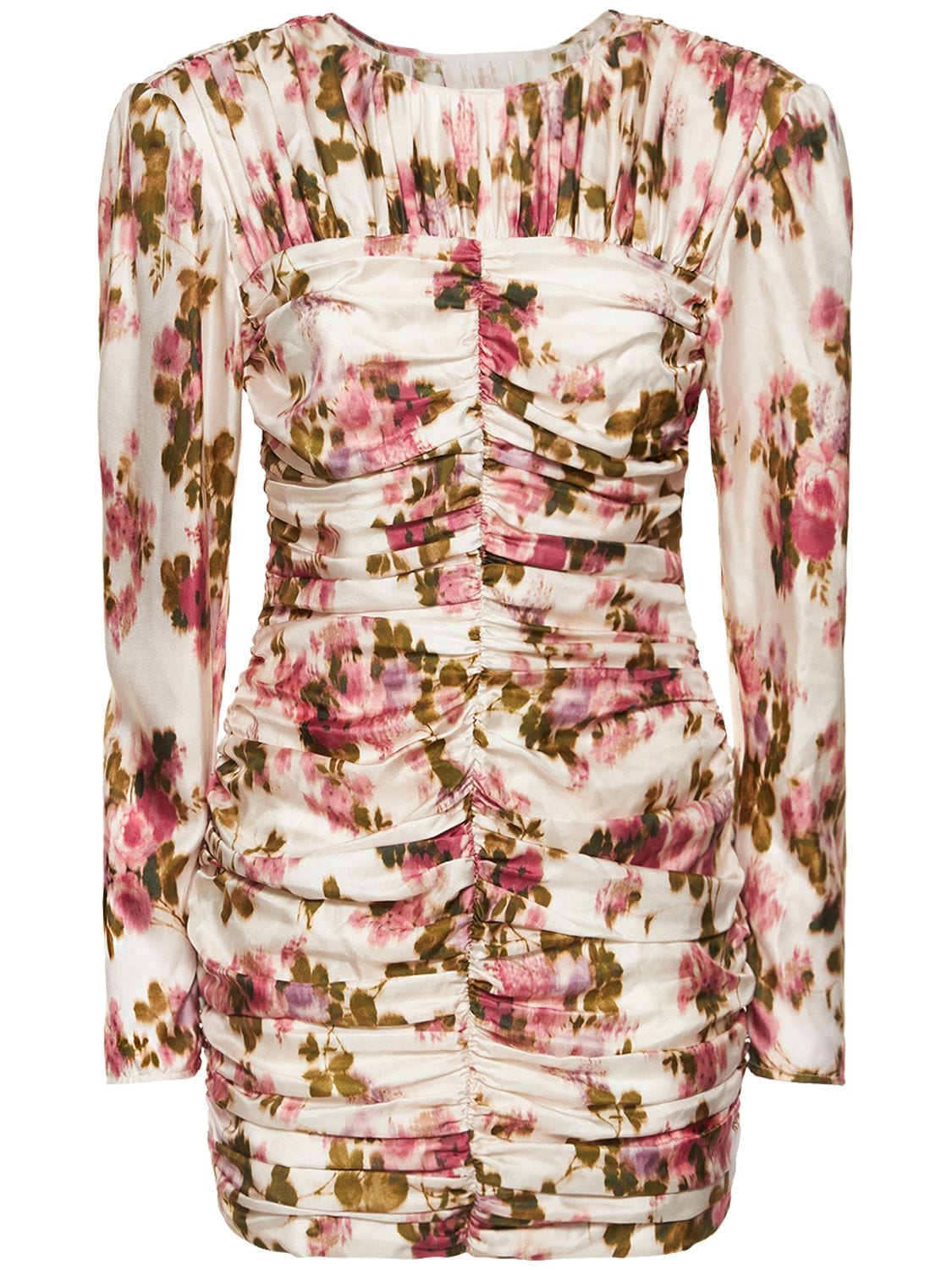 The Garment Sevilla Printed Silk Ruched Mini Dress In Ivory,pink