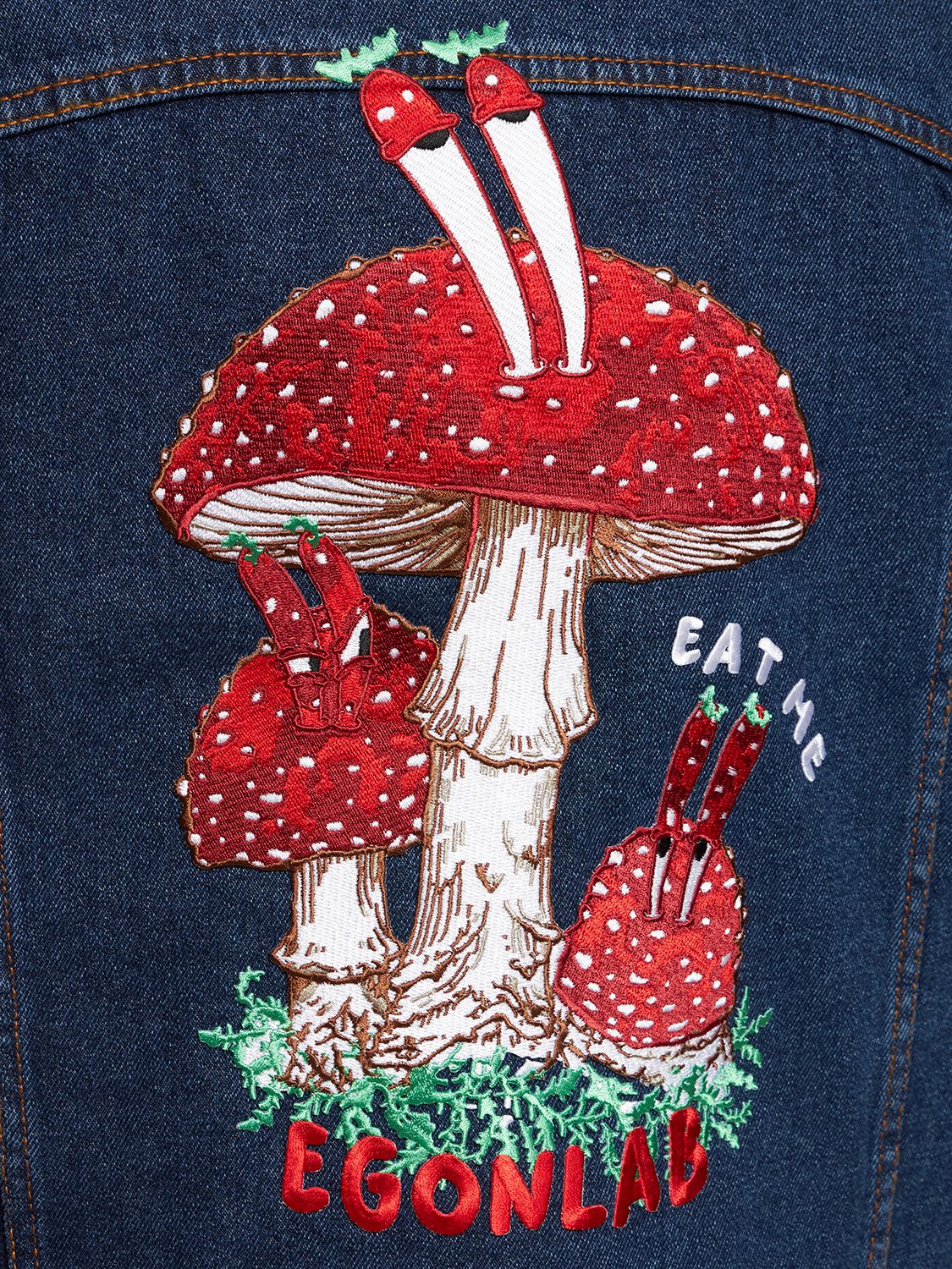 Shop Egonlab Eat Me Embroidered Cotton Denim Jacket In Blue