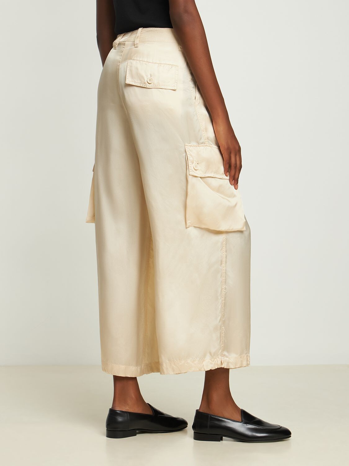 Shop Aspesi Satin Cargo Mid Rise Wide Pants In Beige