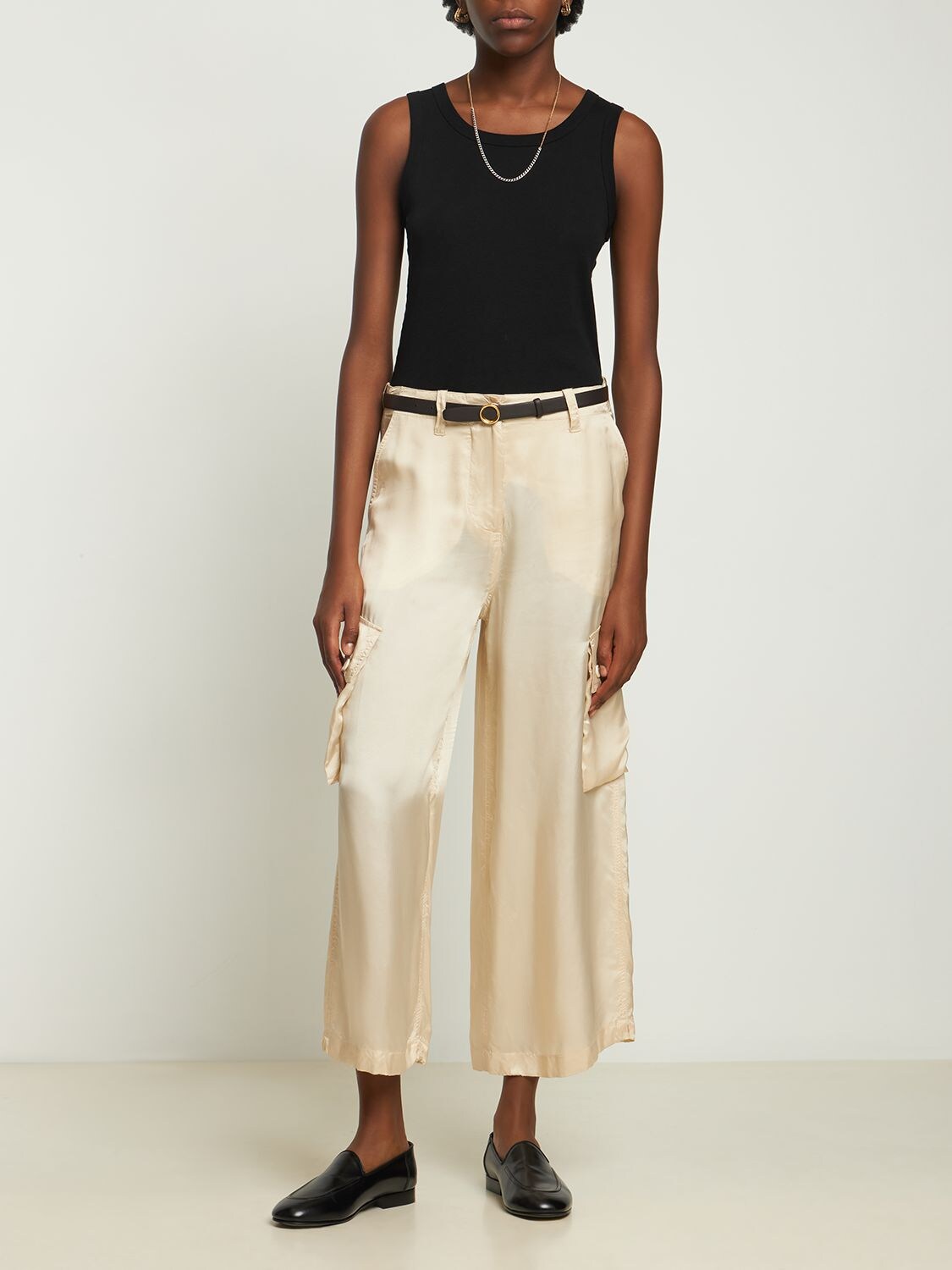 Shop Aspesi Satin Cargo Mid Rise Wide Pants In Beige