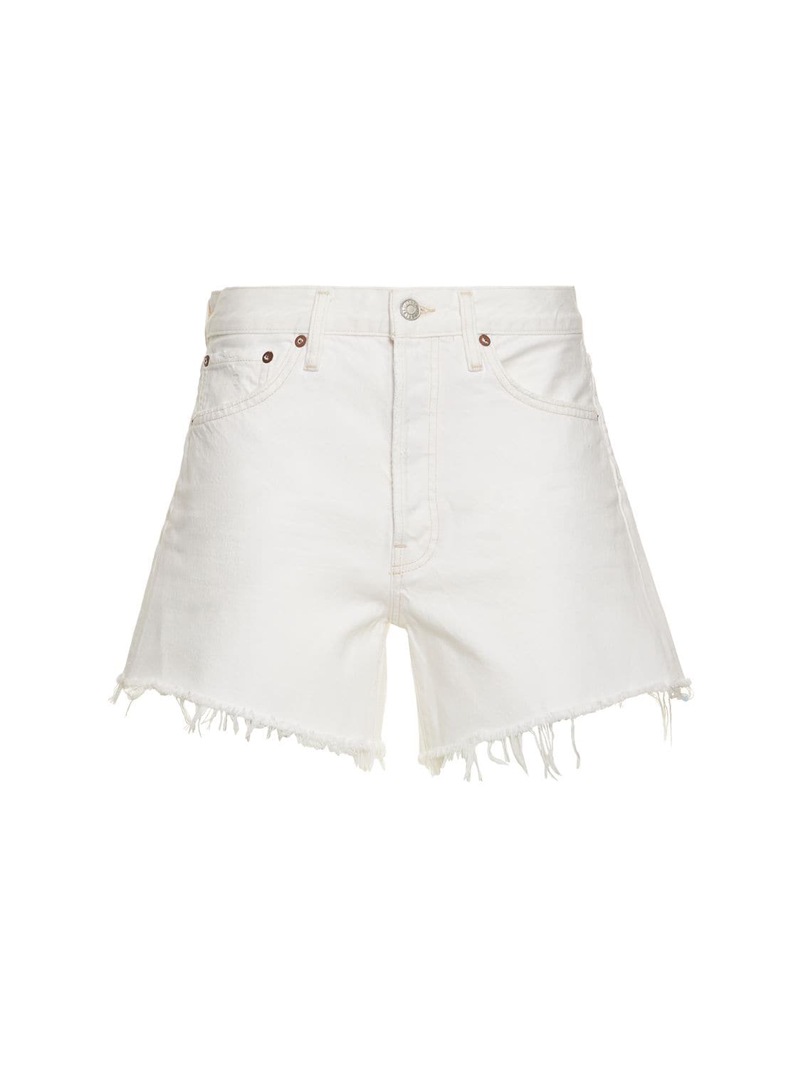 Shop Agolde Parker Long Cotton Denim Shorts In White