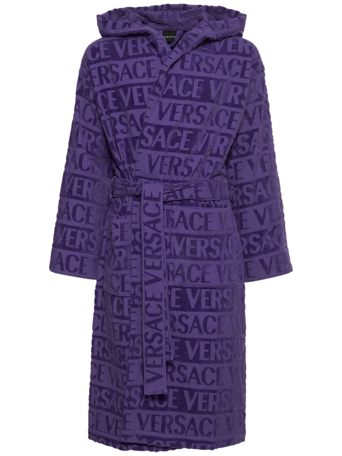 Versace Crystal Hooded Bath Robe In Purple