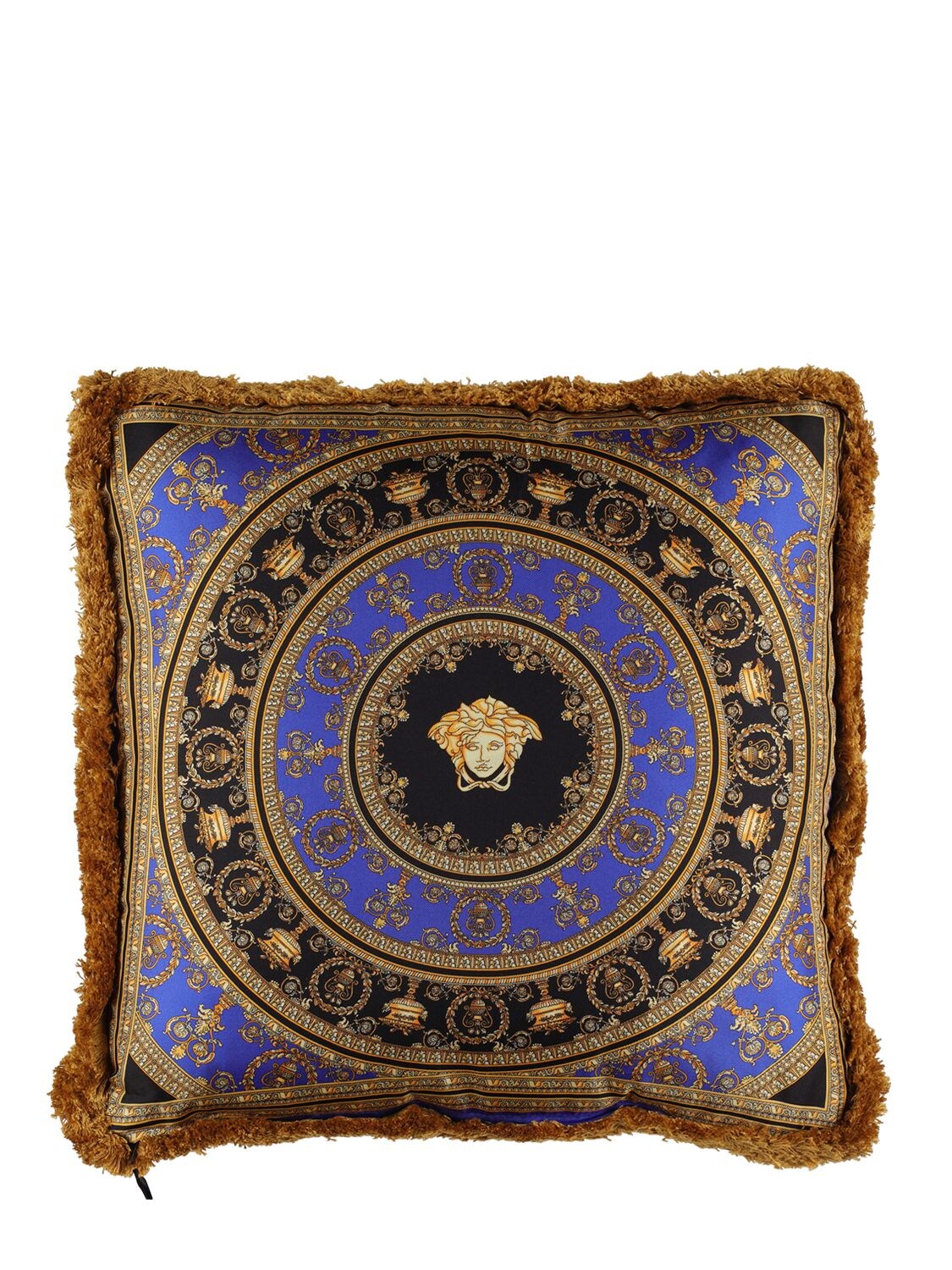 Shop Versace Crete De Fleur Silk Cushion In Oro-blu-nero