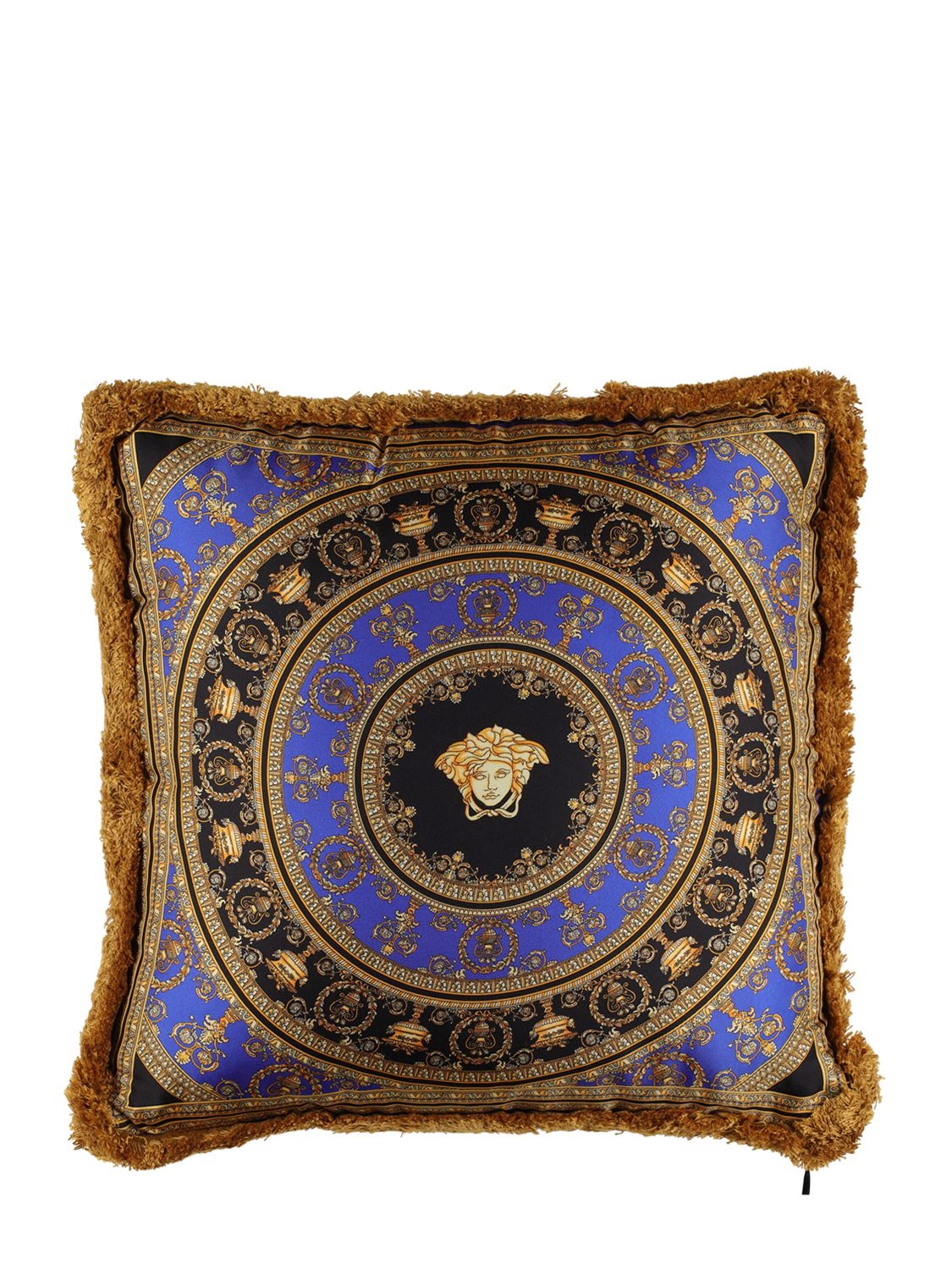 Versace Crete De Fleur Silk Cushion In Oro-blu-nero