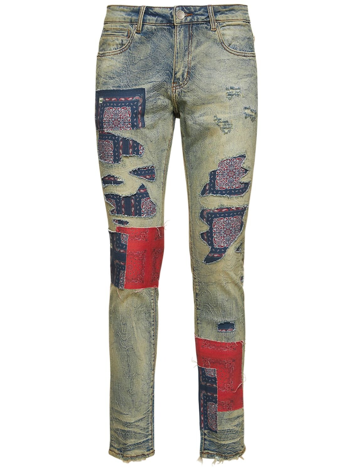 Distressed Denim Jeans with Bandana Paisley Patches