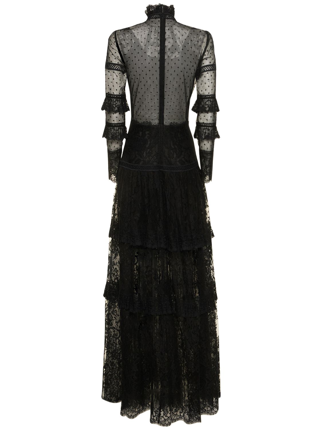 COSTARELLOS Lace Tulle High Neck Long Dress