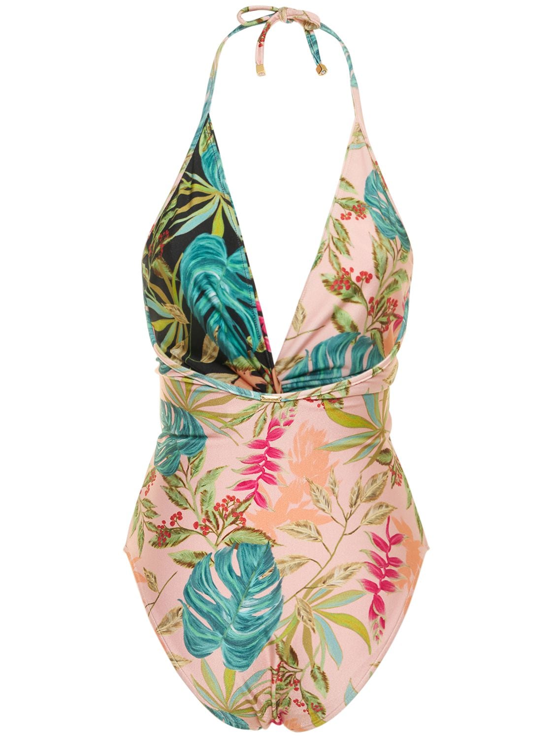 Shop Patbo Tropicalia Plunge Halter Neck Swimsuit In Pink,multi