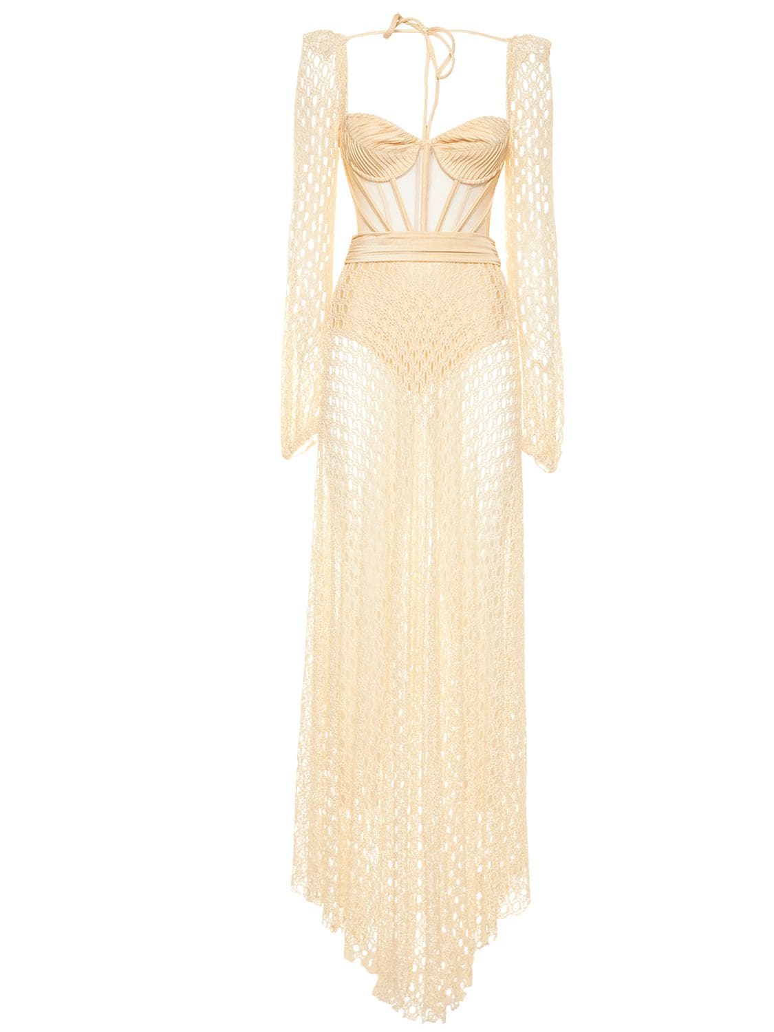Patbo Monstera Crochet Bustier Long Dress In Beige