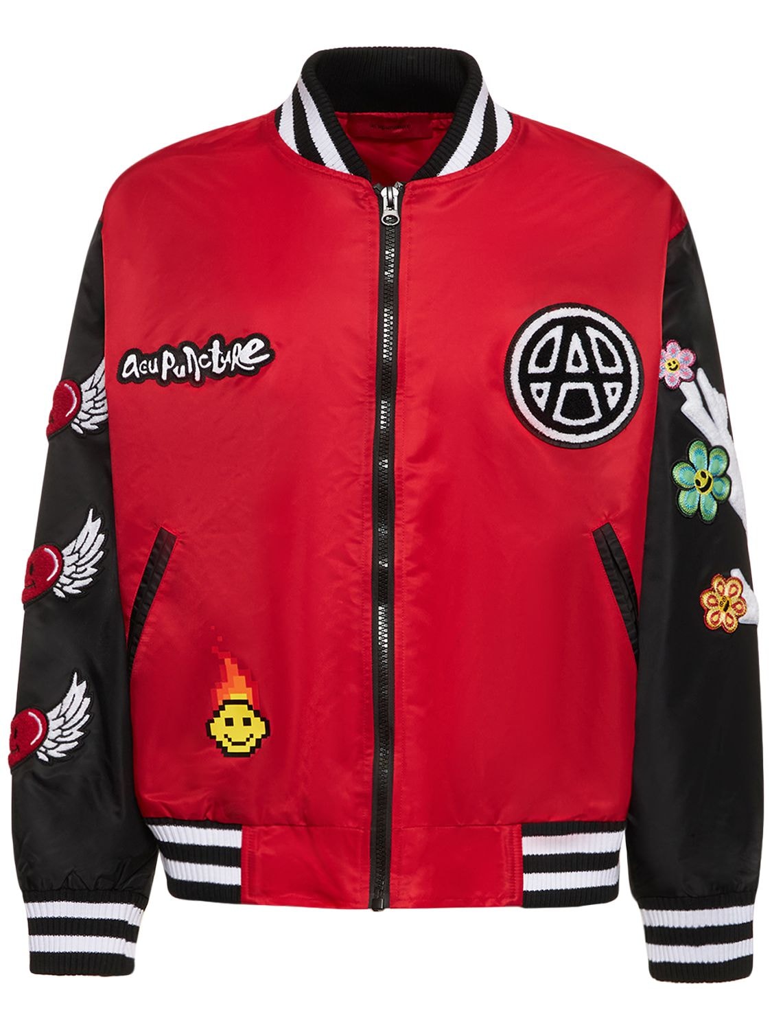 Acupuncture Embroidered Logo Zipped Bomber Jacket In Red,multi