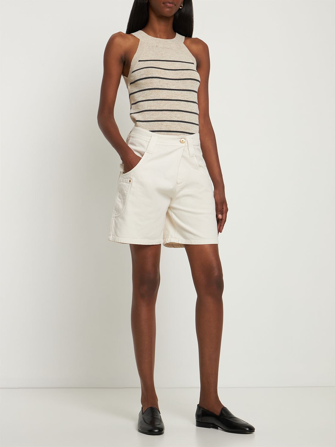 Brunello Cucinelli Cotton Denim Low Rise Wrapped Shorts In Ecru