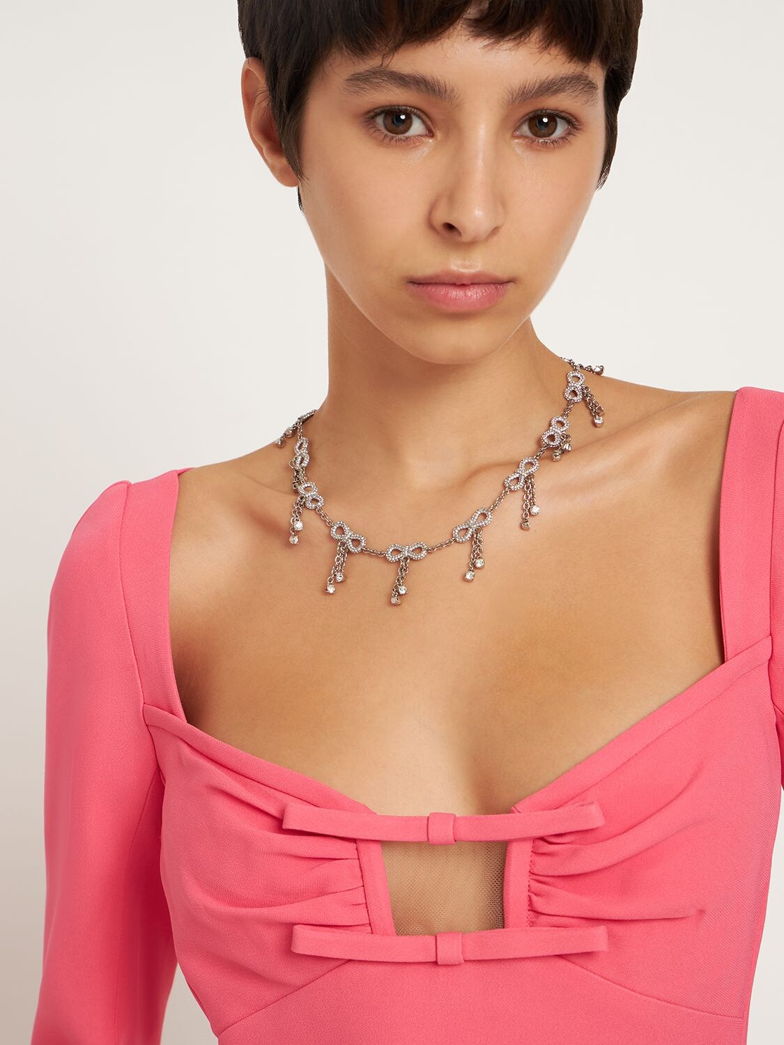 Shop Mach & Mach Chain Crystal Bow Collar Necklace In Silver