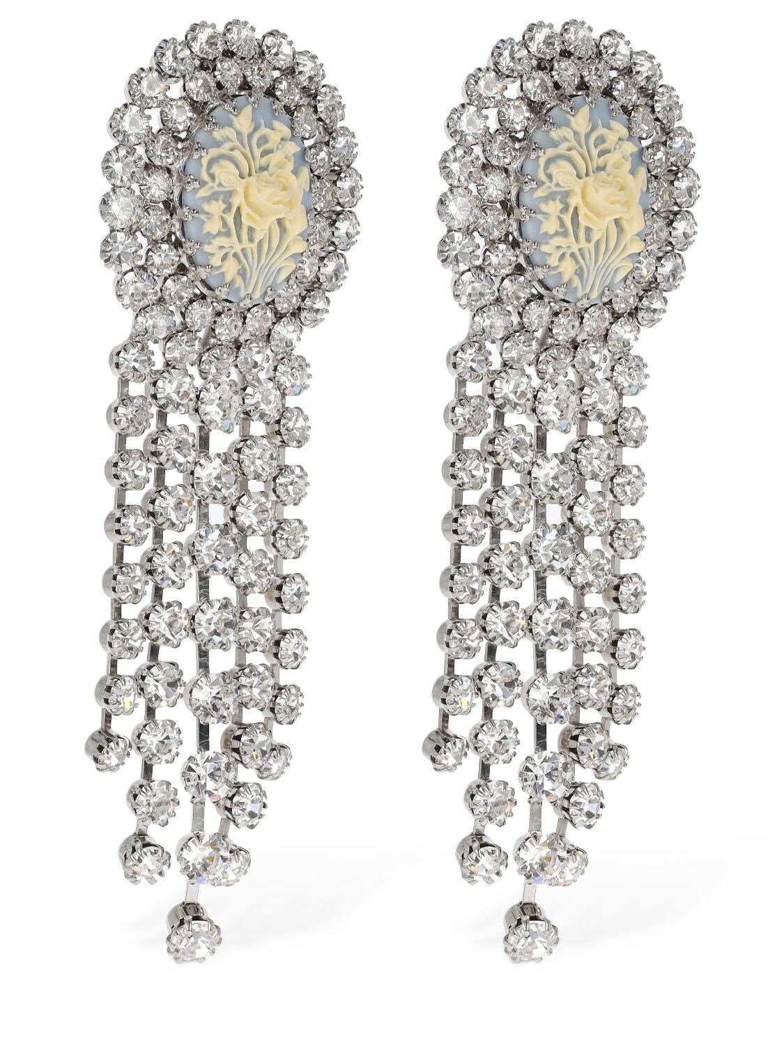 Shop Alessandra Rich Rose Cameo Earrings W/ Crystal Fringes In Blue