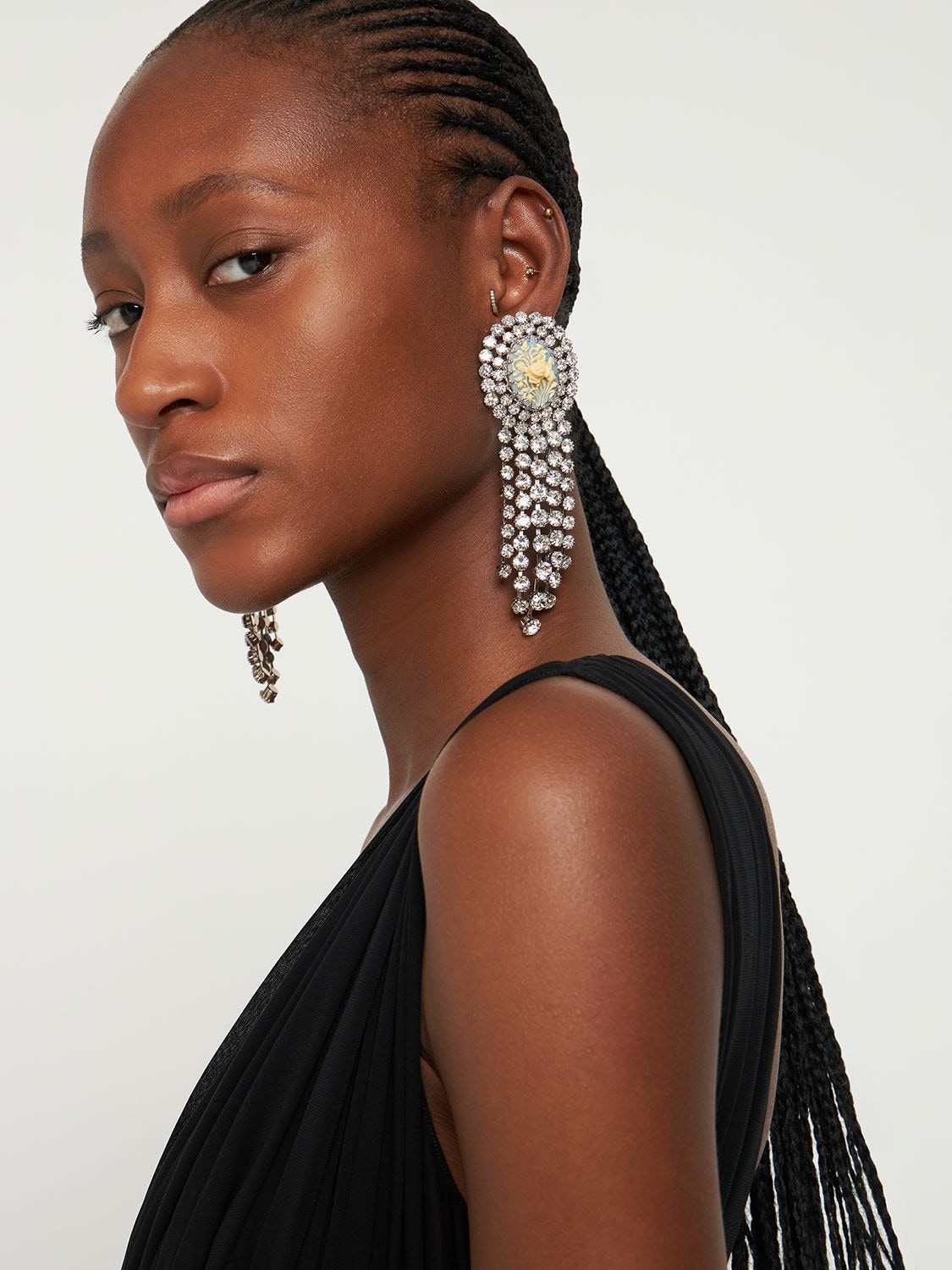 Shop Alessandra Rich Rose Cameo Earrings W/ Crystal Fringes In Blue