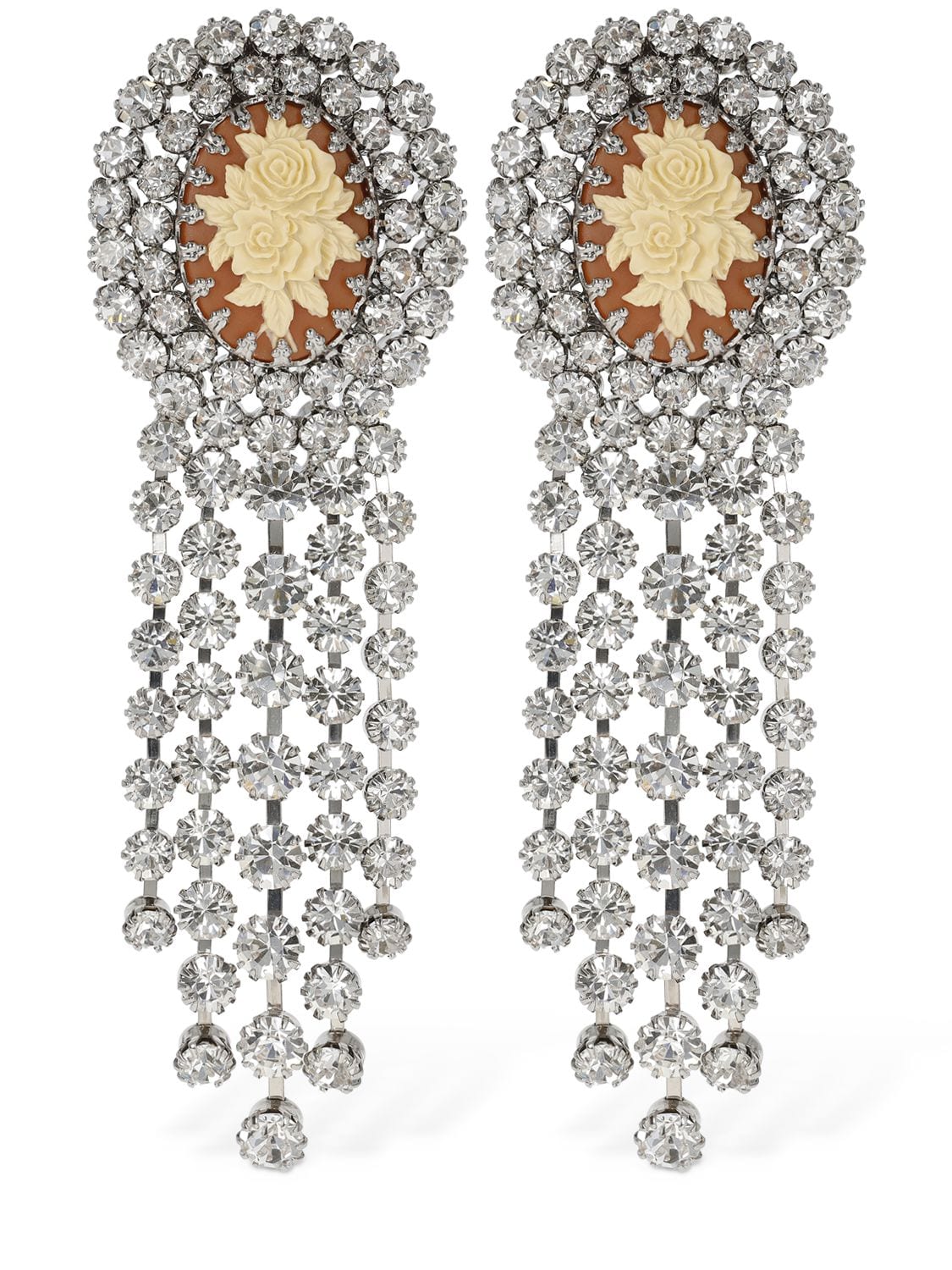 Alessandra Rich Rose Cameo Earrings W/ Crystal Fringes In Orange,crystal