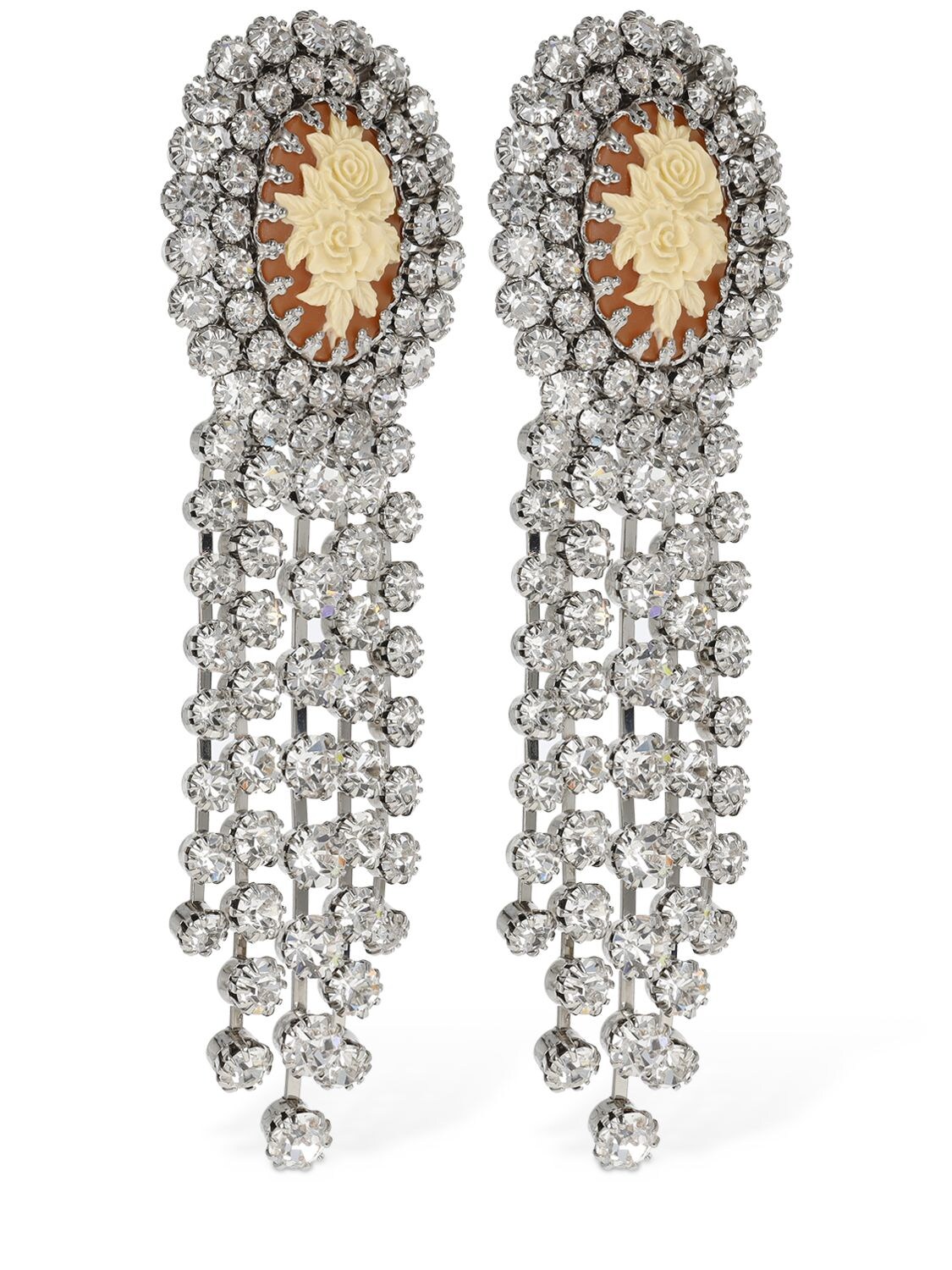 Shop Alessandra Rich Rose Cameo Earrings W/ Crystal Fringes In Orange,crystal