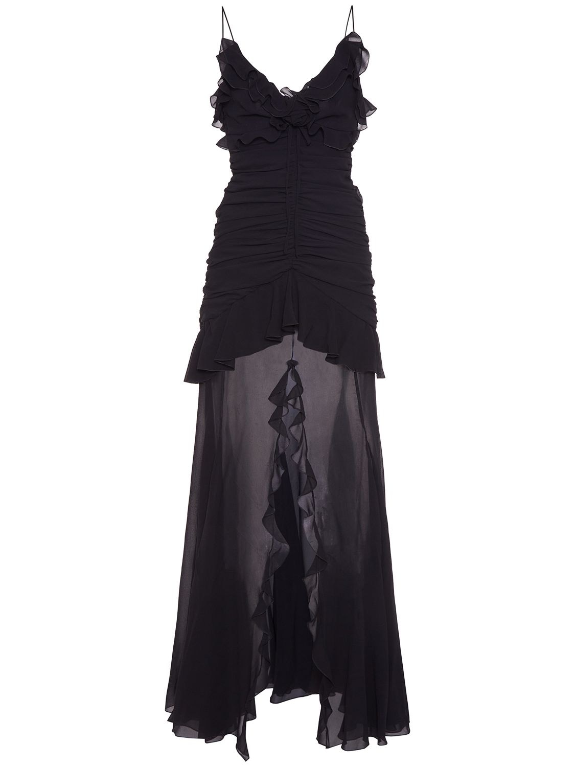 Alessandra Rich Ruched Silk Georgette Long Dress In Black