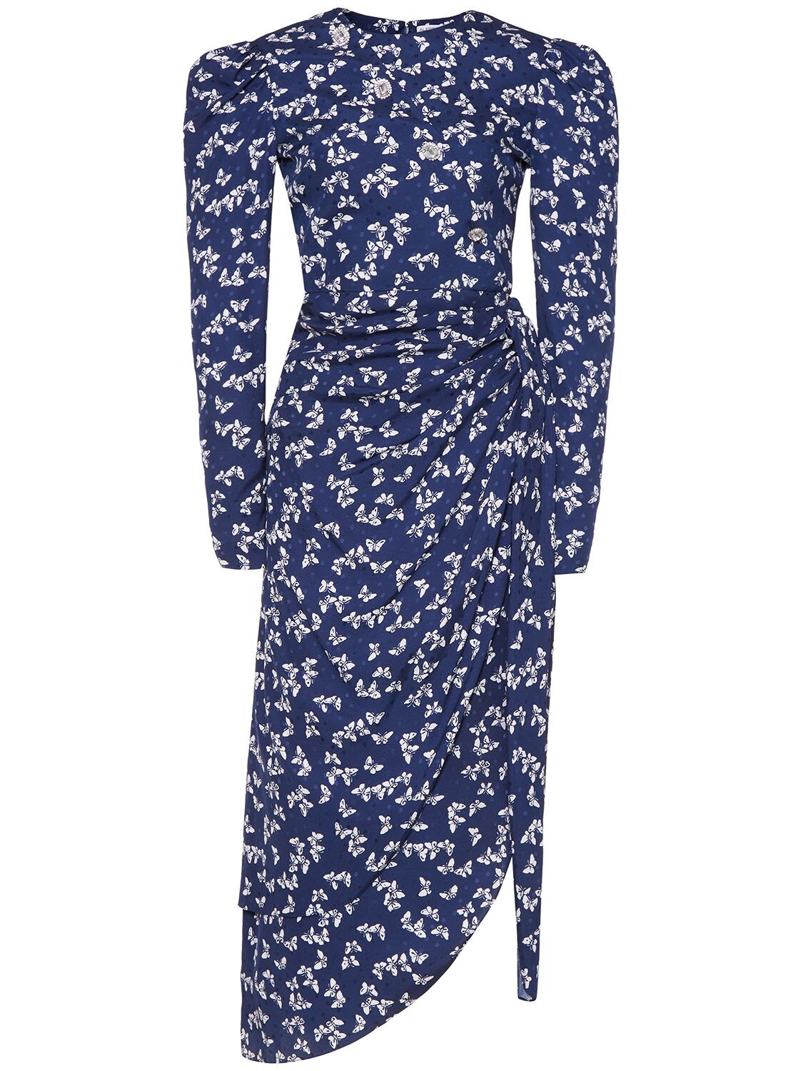 Alessandra Rich Butterfly Printed Jacquard Crepe Dress In Navy