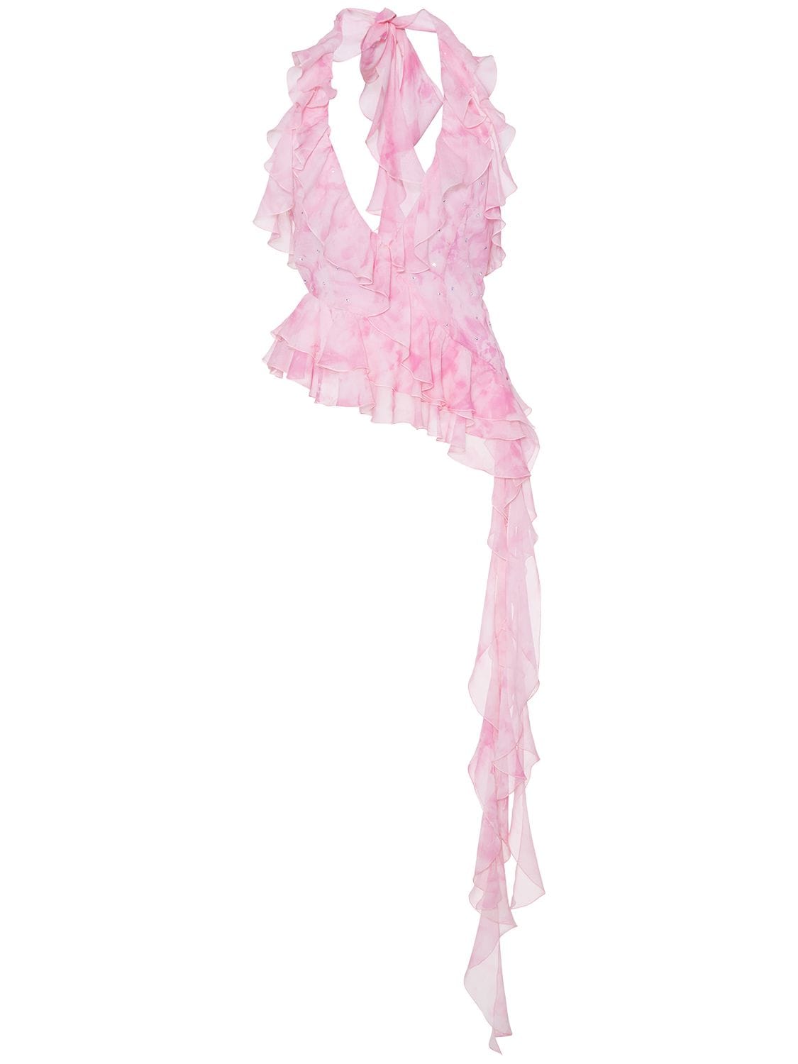 Alessandra Rich Crystal-embellished Ruffled Silk Top In Pink,weiss