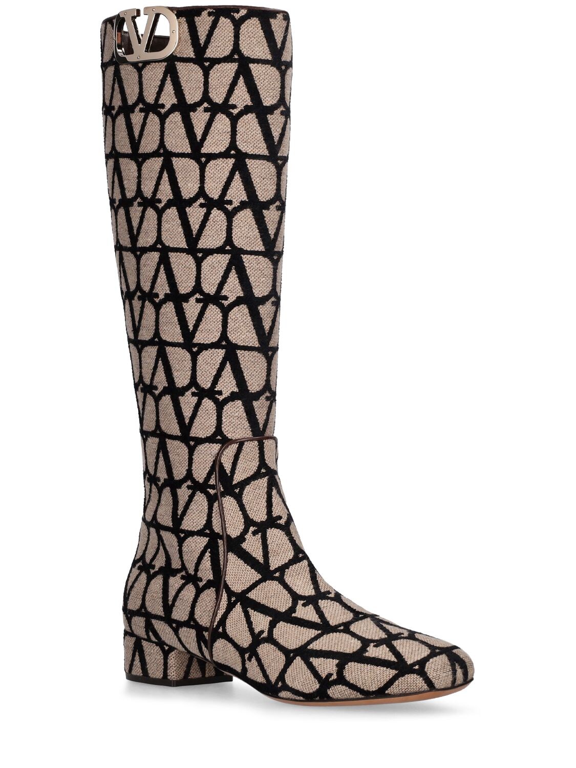 Shop Valentino 30mm Vlogo Jacquard Tall Boots In Beige,black