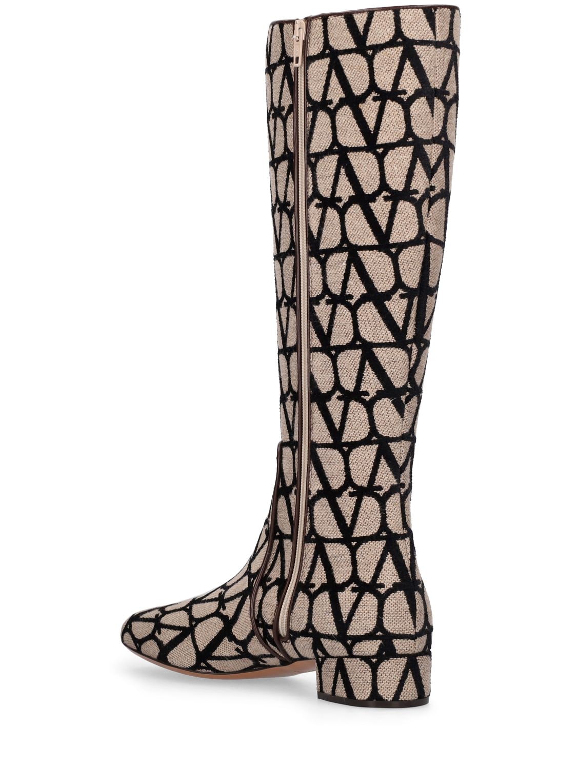 Shop Valentino 30mm Vlogo Jacquard Tall Boots In Beige,black