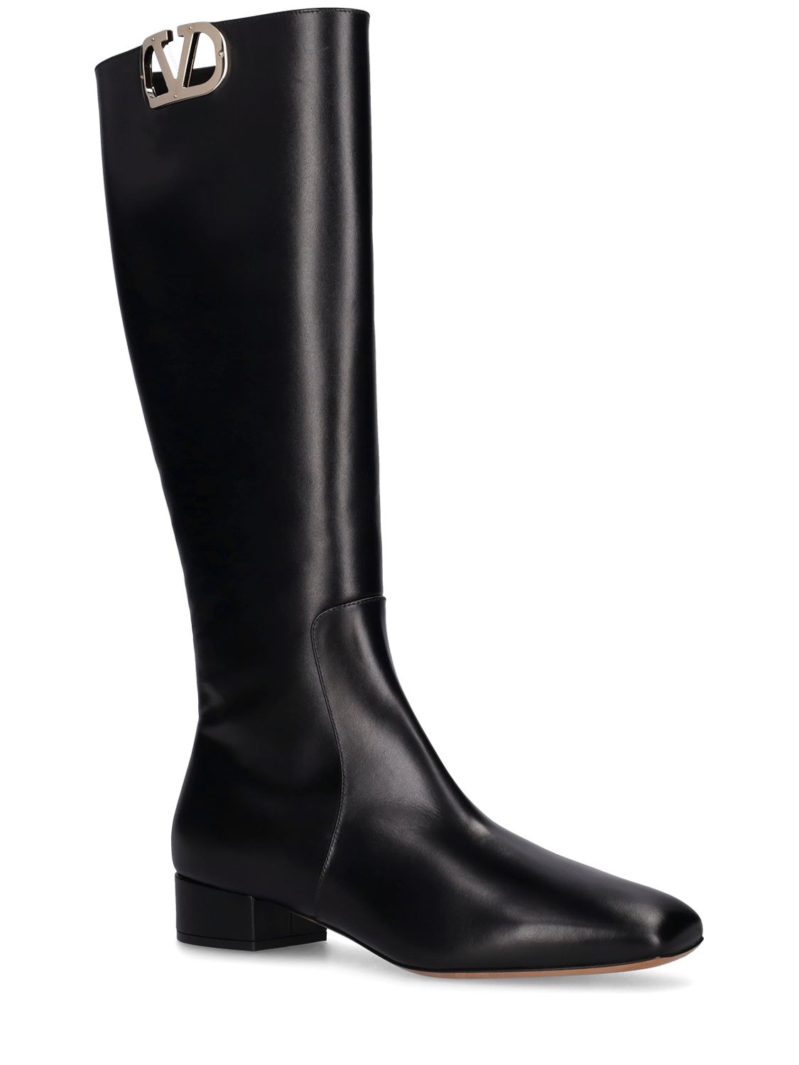 Shop Valentino 30mm Vlogo Leather Tall Boots In Black