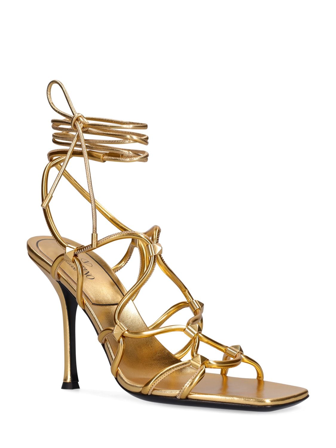 Shop Valentino 100mm Rockstud Leather Sandals In Gold