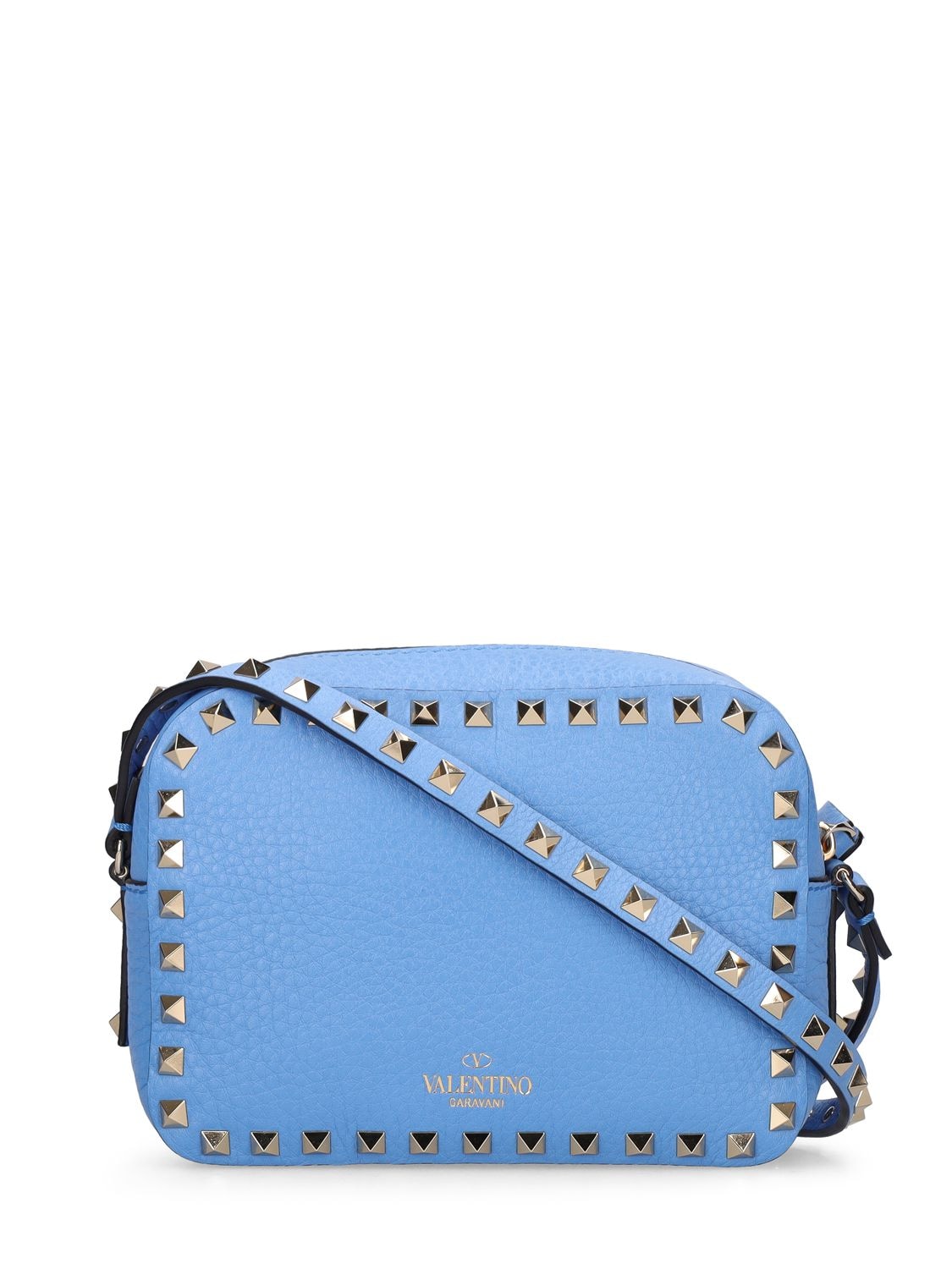Shop Valentino Rockstud Leather Crossbody Bag In Denim