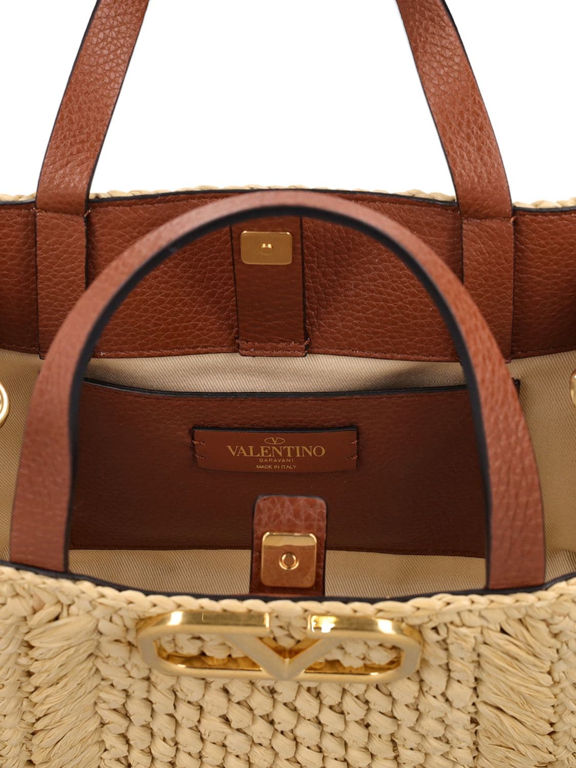 V Logo Signature Leather And Raffia Tote Bag in Beige - Valentino Garavani