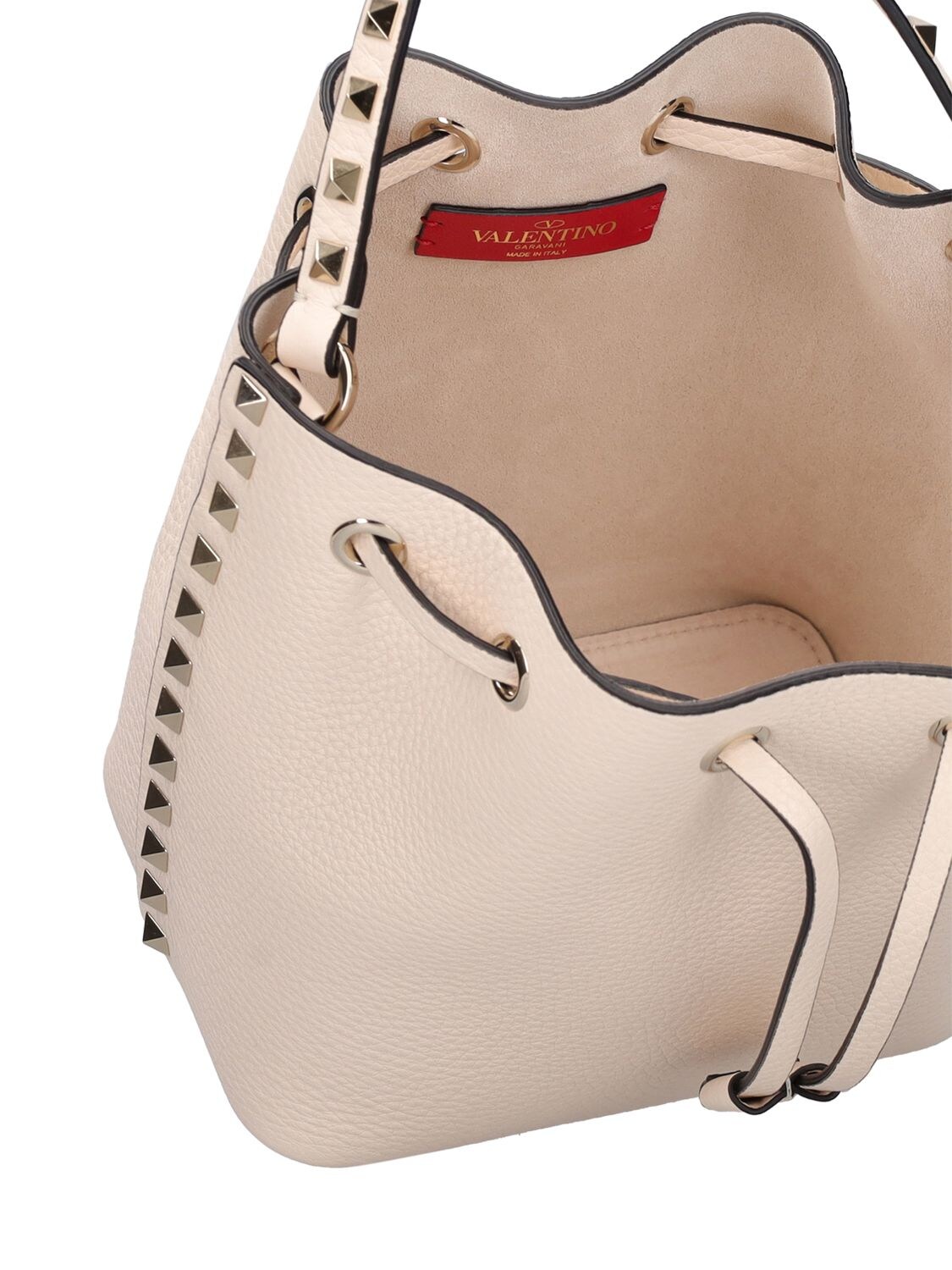 Shop Valentino Rockstud Leather Bucket Bag In Light Ivory