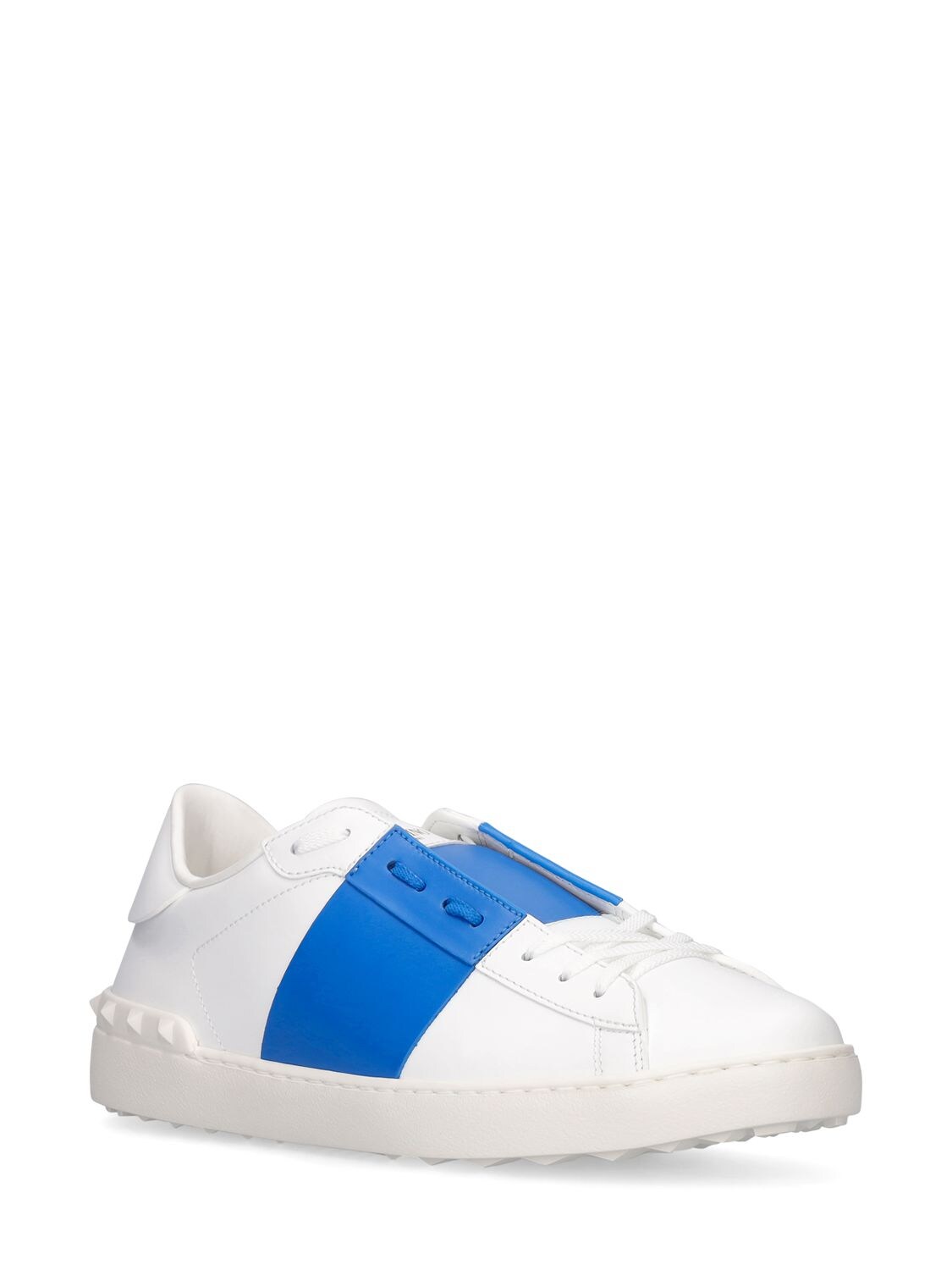 Shop Valentino Open Leather Sneakers In White,blue