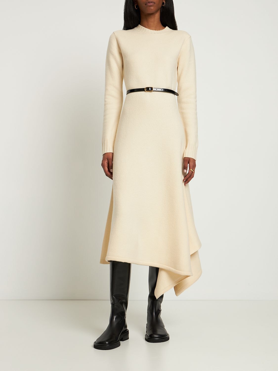 Shop Jil Sander Asymmetric Boiled Wool Long Dress In Ivory