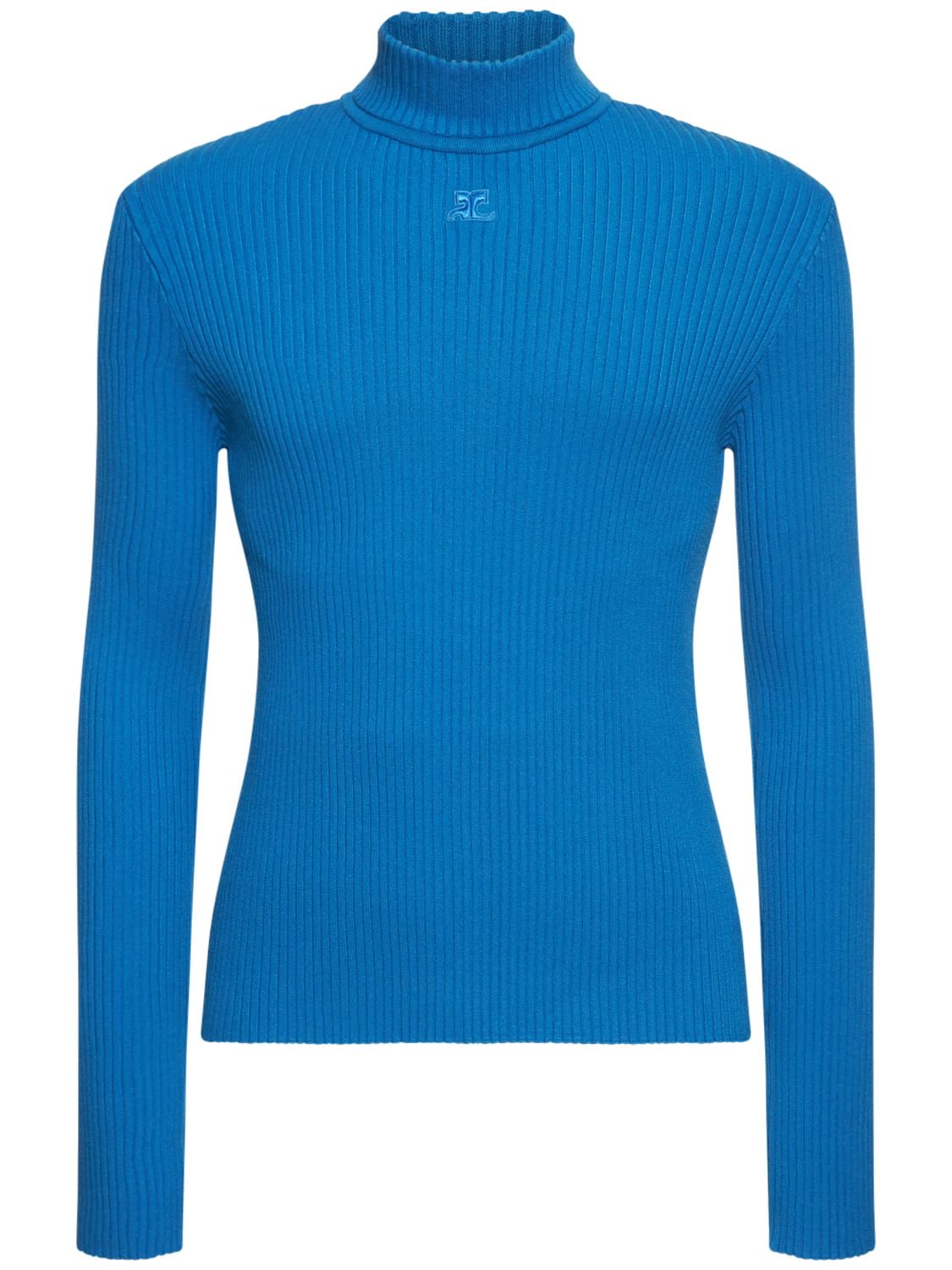 Shop Courrèges Mockneck Rib Knit Sweater In Blue