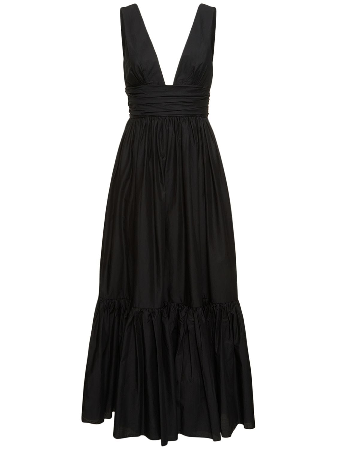 Matteau Plunge-neck Gathered Organic-cotton Maxi Dress In Black