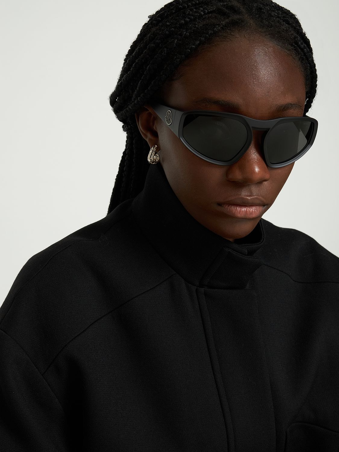Shop Moncler Pentagra Futuristic Shape Sunglasses In Black,smoke