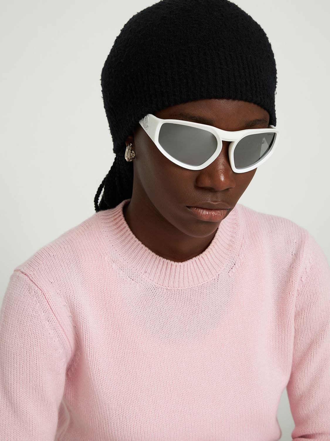 Shop Moncler Pentagra Futuristic Shape Sunglasses In White,mirror