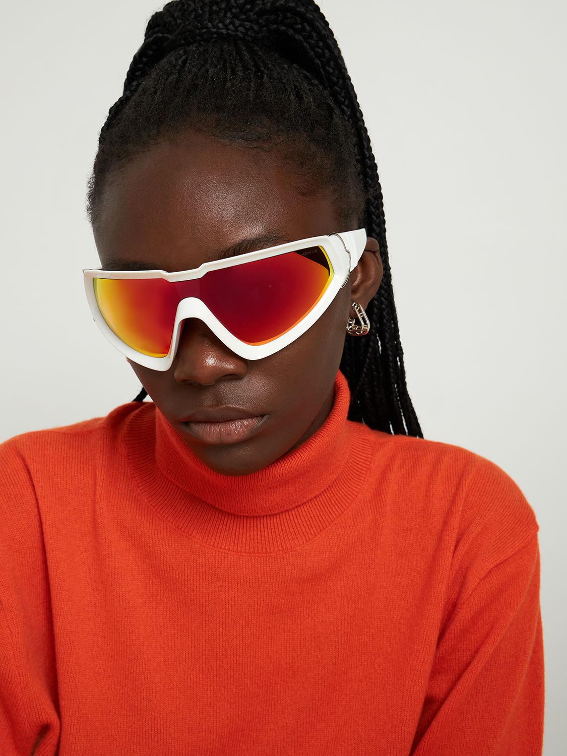 Shop Moncler Wrapid Futuristic Shape Sunglasses In White,mirror