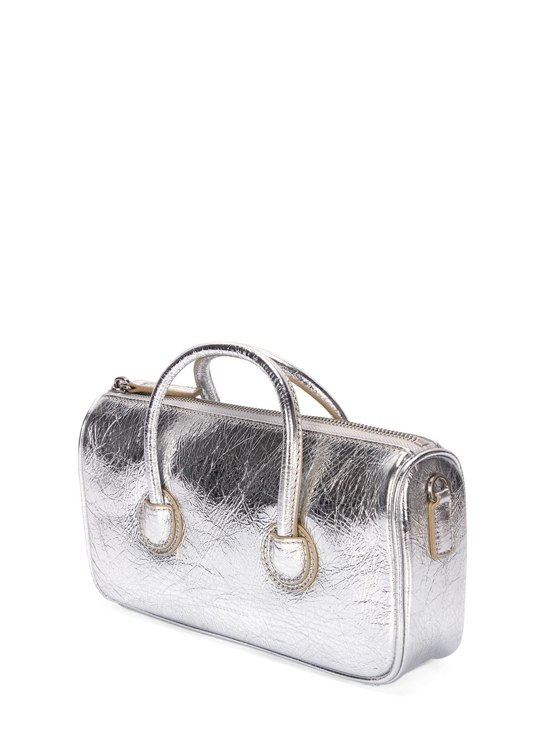 Shop Marge Sherwood Small Zipper Metallic Leather Bag In Silver Crinkle