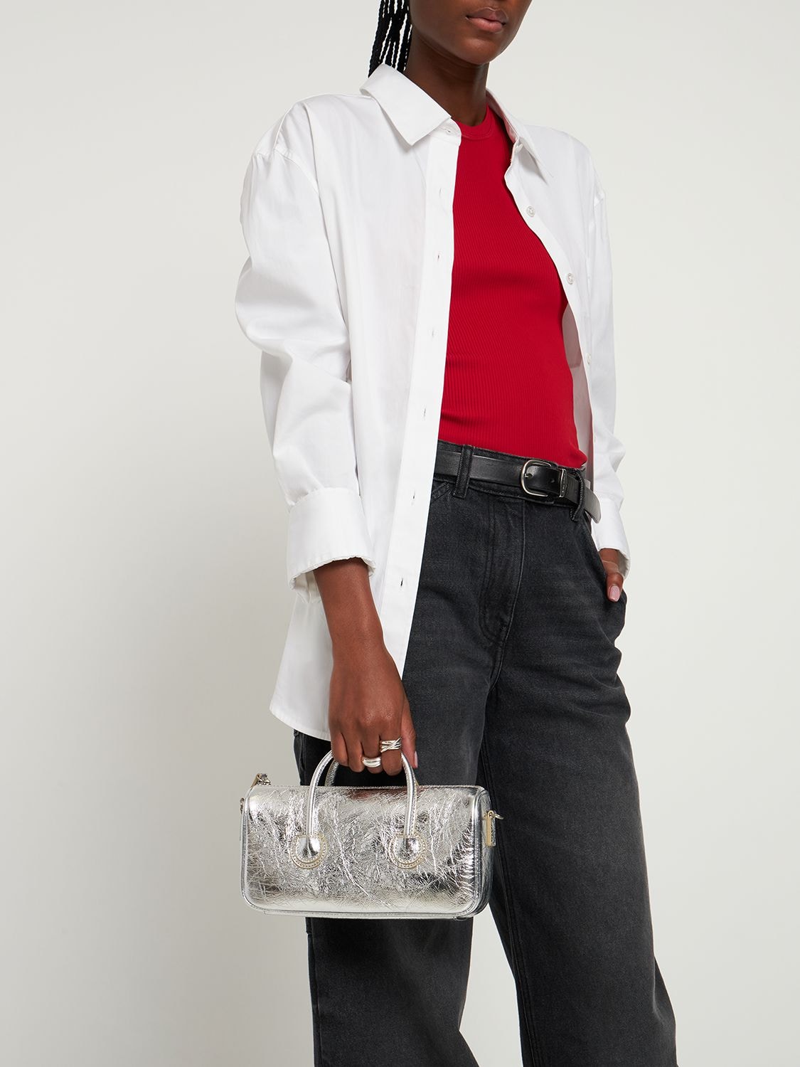 Marge Sherwood | Women Small Zipper Metallic Leather Bag Silver Crinkle Unique