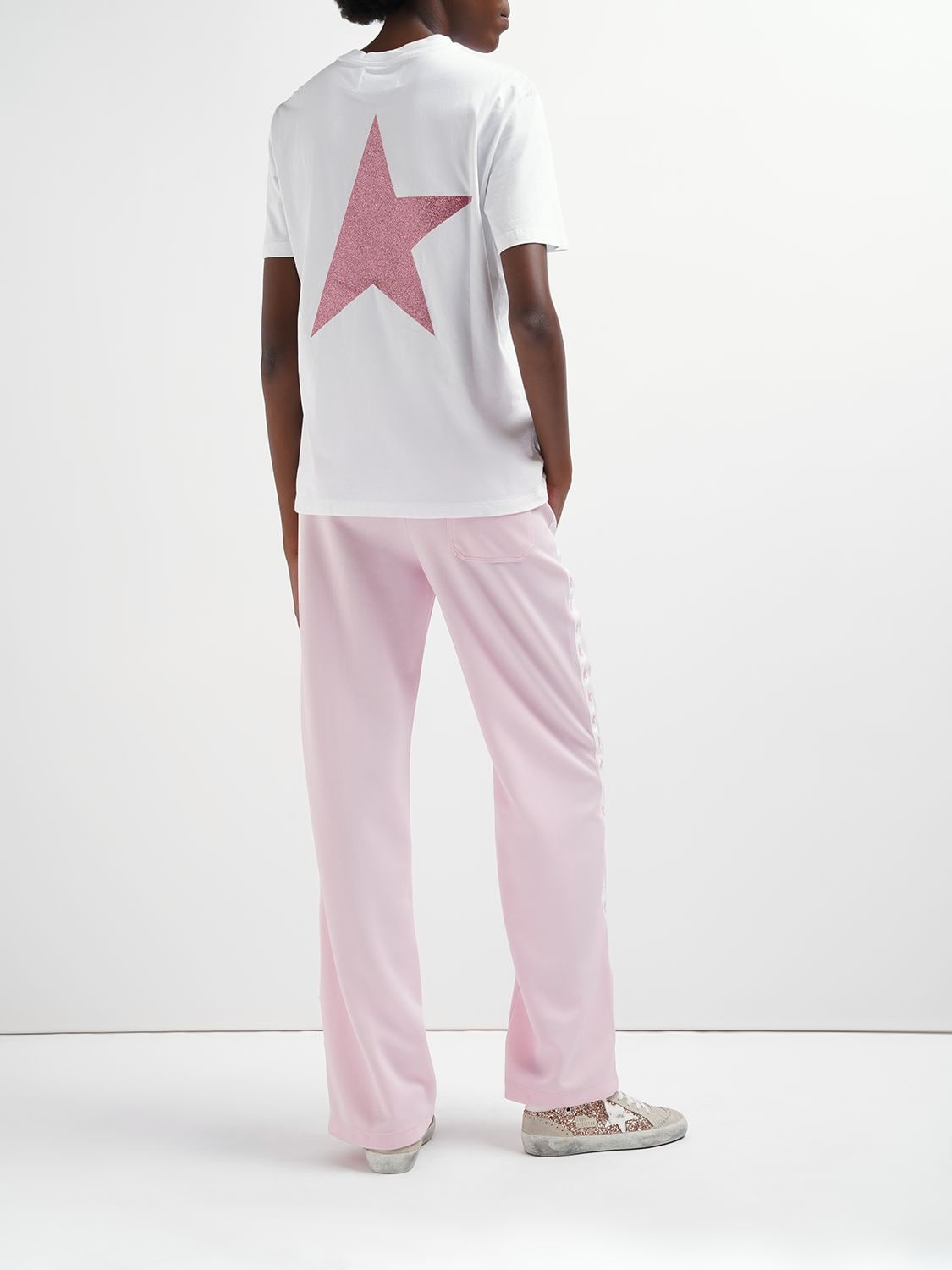 Shop Golden Goose Star Glittered Cotton Jersey T-shirt In White,pink