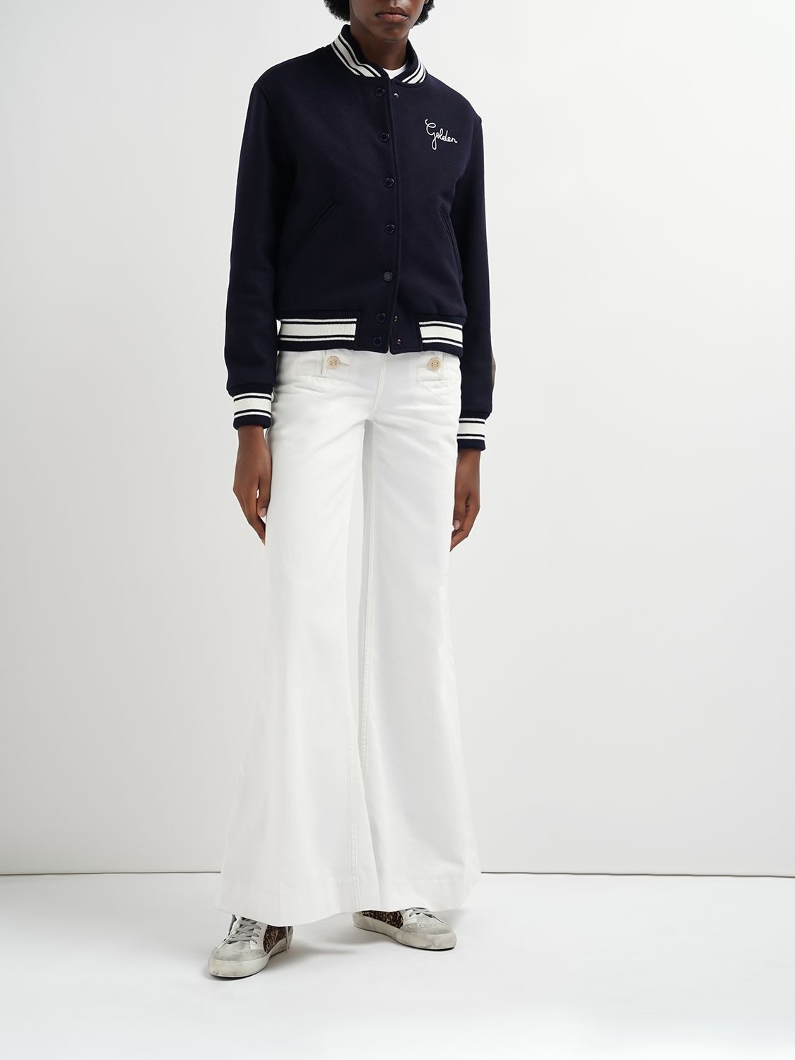Golden Goose Wool Blend Bomber With Embroidered Logo In Dark Blue