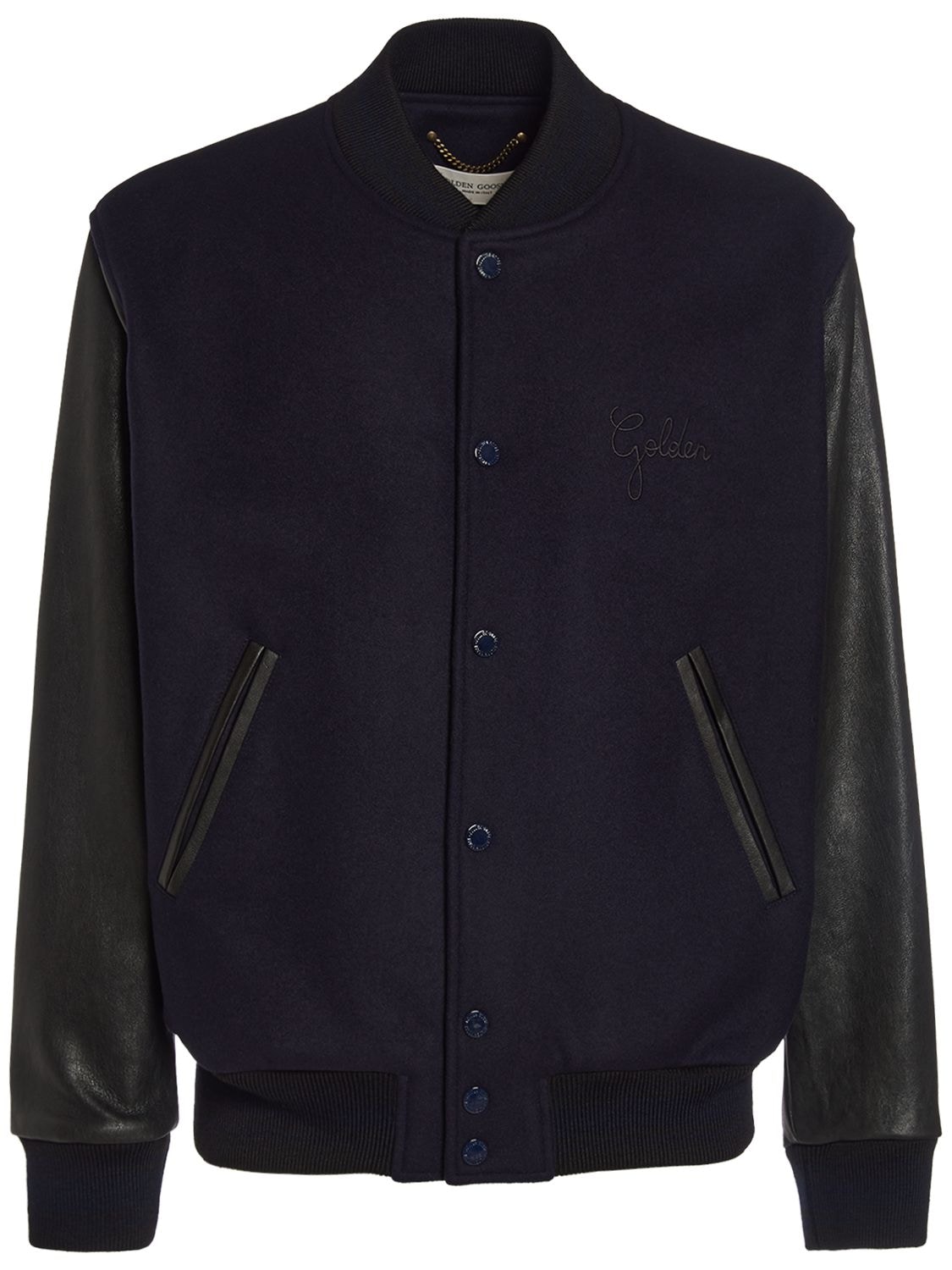 Shop Golden Goose Wool Blend Bomber W/ Leather Sleeves In Dark Blue