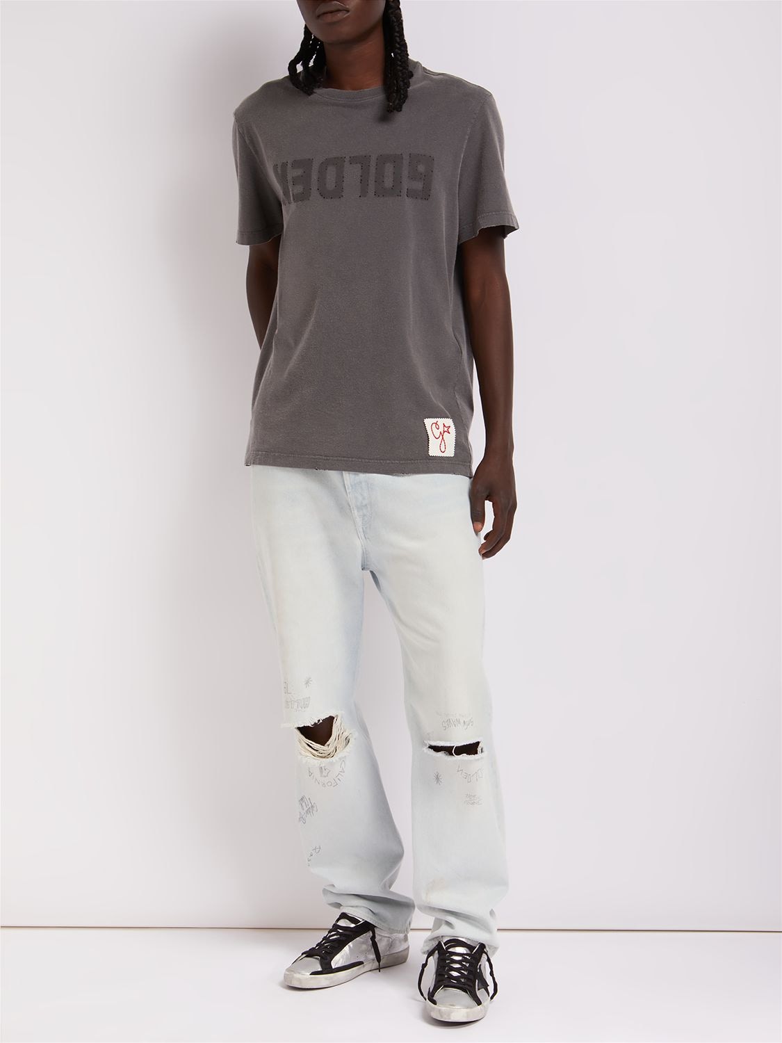 Shop Golden Goose Logo Distressed Cotton Jersey T-shirt In Anthracite
