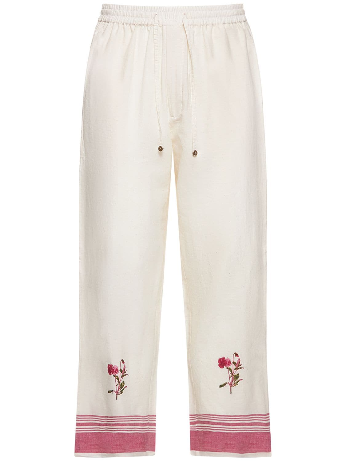 Harago Rose Print Cotton Pants In White,red