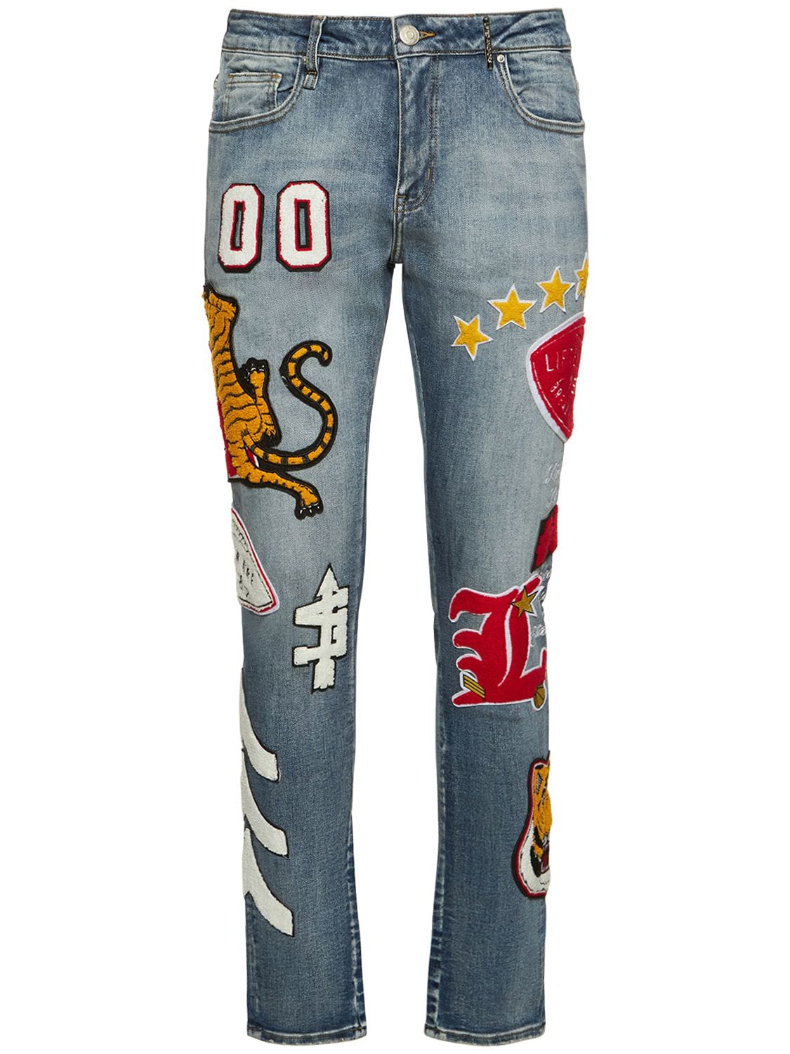 Lifted Anchors Scholar Jeans W/ Patches In Blue,multi